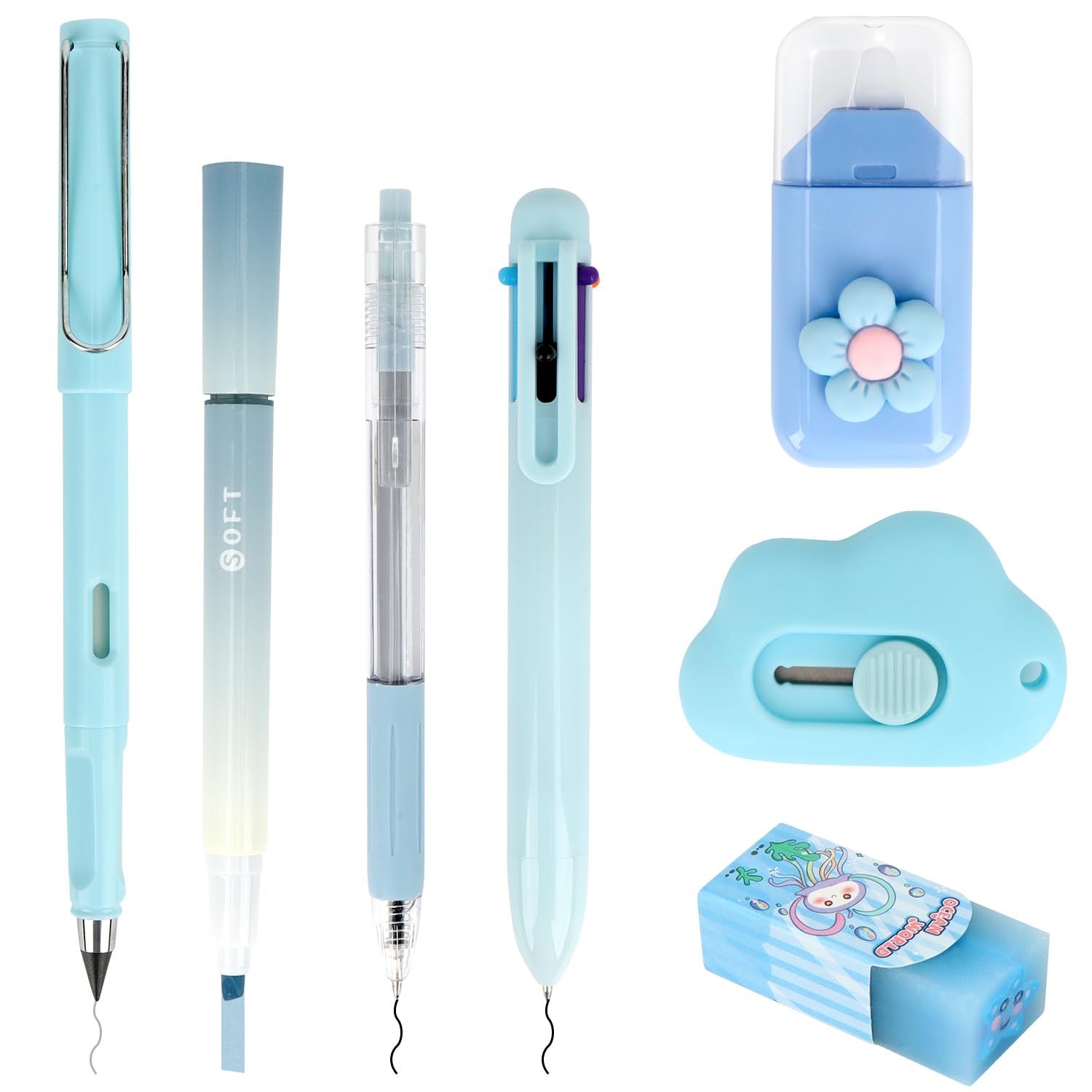 Blue Pens Stationery Set, 7-in-1 Ballpoint Pens Multi-Function Stationery Set for Students, Home, Office, School, Note-Taking & Gift Giving