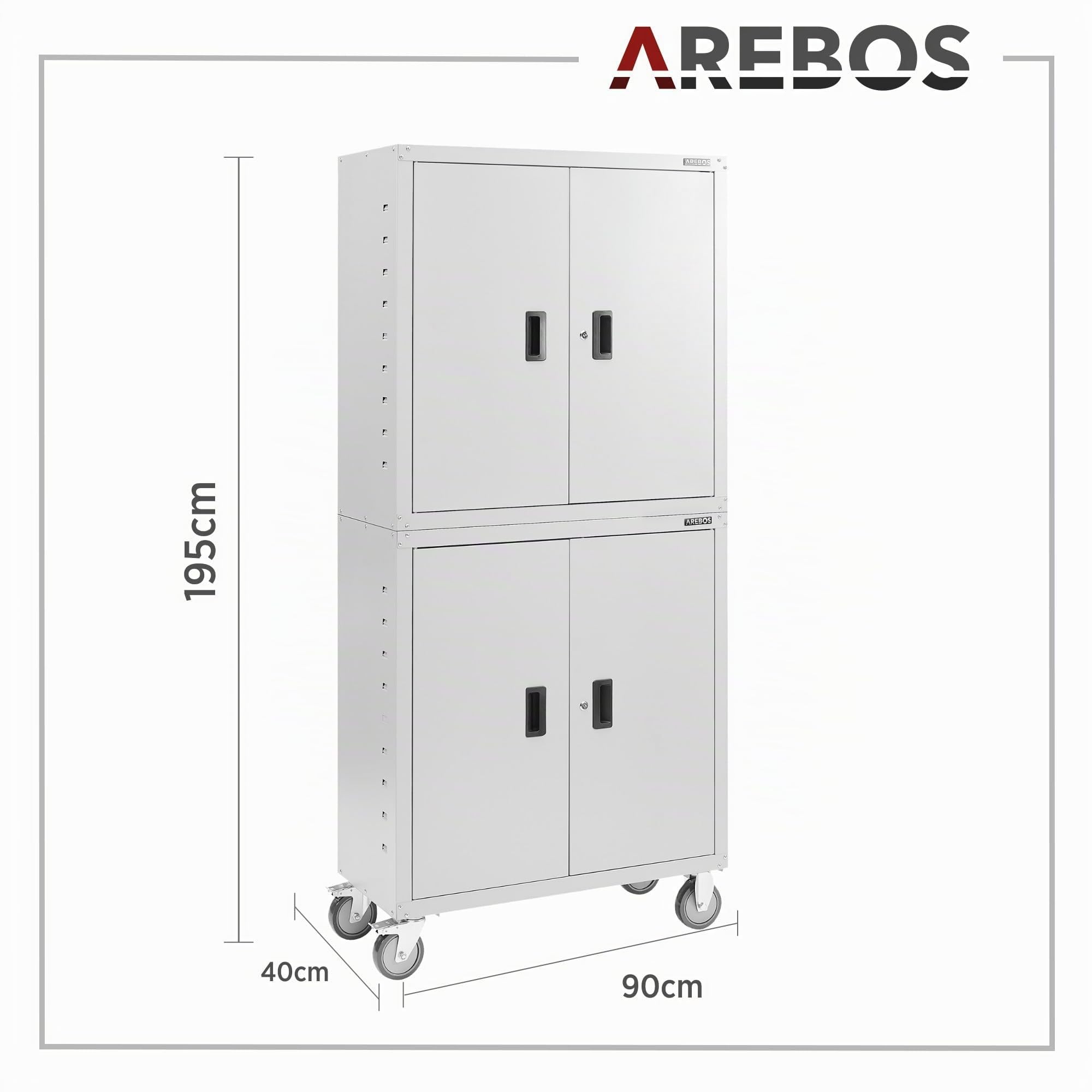 AREBOS Meuble de Bureau | Gris | 195 x 40 x 90 cm | Lot de 2 | 4 Portes | avec roulettes | Tablettes réglables en Hauteur | avec Serrure à Cylindre