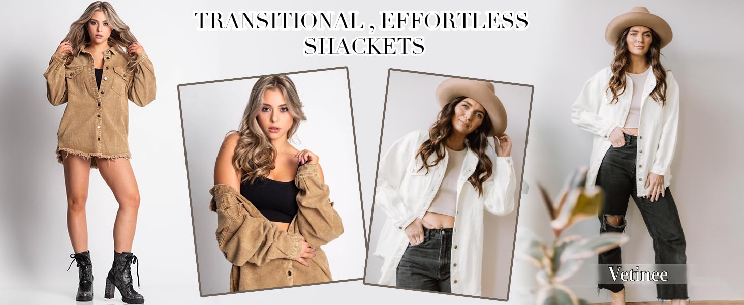 Generisch Women's Oversized Button Up Frayed Hem Shacket Casual Long Sleeve Button Down Boyfriend Jean Jacket With Pocket