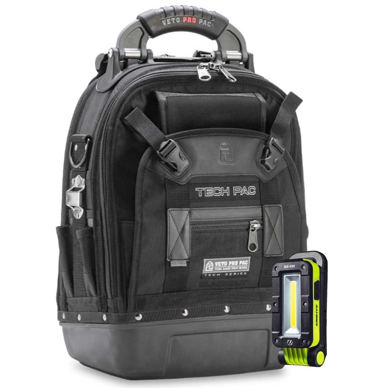 Pro Pac Tech Pac Blackout Backpack Large 25L Tool Bag with 500 Lumen Inspection Light | 25 Litre | Professional Tradesman Heavy Duty Toolbag | Unilite & Veto | Black Waterproof
