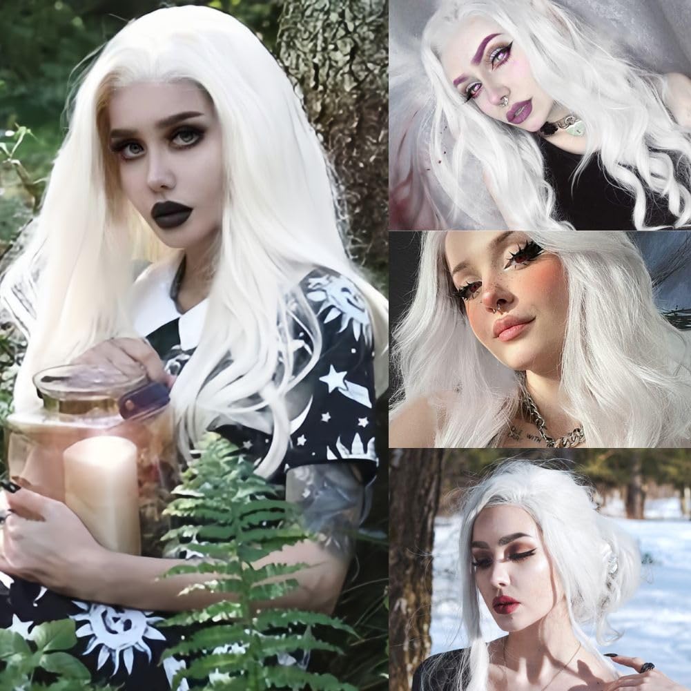 Salaibs White Long Curly Wigs for Women Side Part Wavy Cosplay Synthetic Hair Wig for Halloween Costume Party Use - Image 2