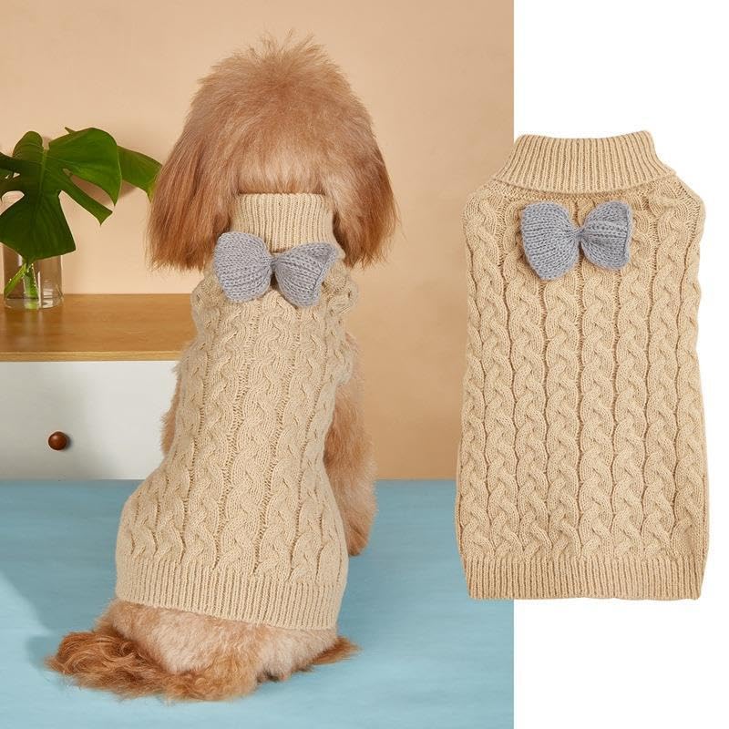 Dog Turtleneck Sweater Bow Knitting Dog Jumper Warm Dog Winter Clothes Pullover Knitwear Crochet Dog Coat Christmas Costume for Small Medium Large Dogs Cats (Khaki - Image 4