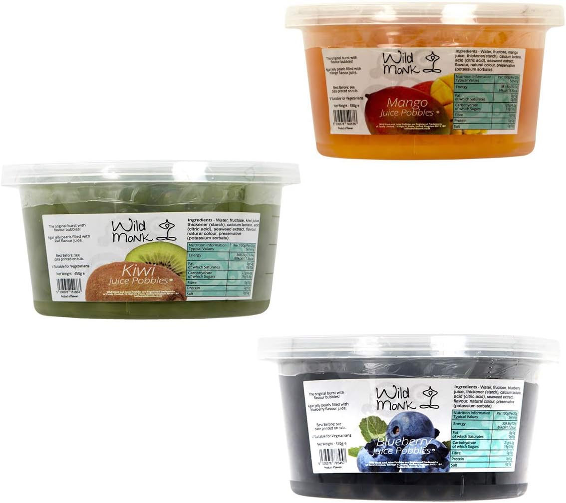 Wild Monk Blueberry, Kiwi, Mango, Juice Pobbles Three Pack (3x450g) Great for Bubble Tea, Dessert Toppings, Prosecco and Cocktails. Made from Agar and 100% Vegan.
