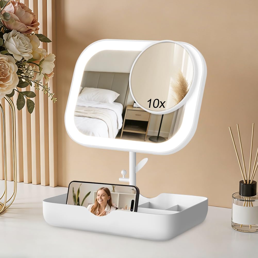 OSDUE Makeup Vanity Mirror with Lights, Rechargeable Makeup Mirror with Detachable 10X Magnifying, 28 Led Lights 360° Rotation 3 Color Lighting Adjustable Touch Screen Portable Cosmetic Mirror(White)