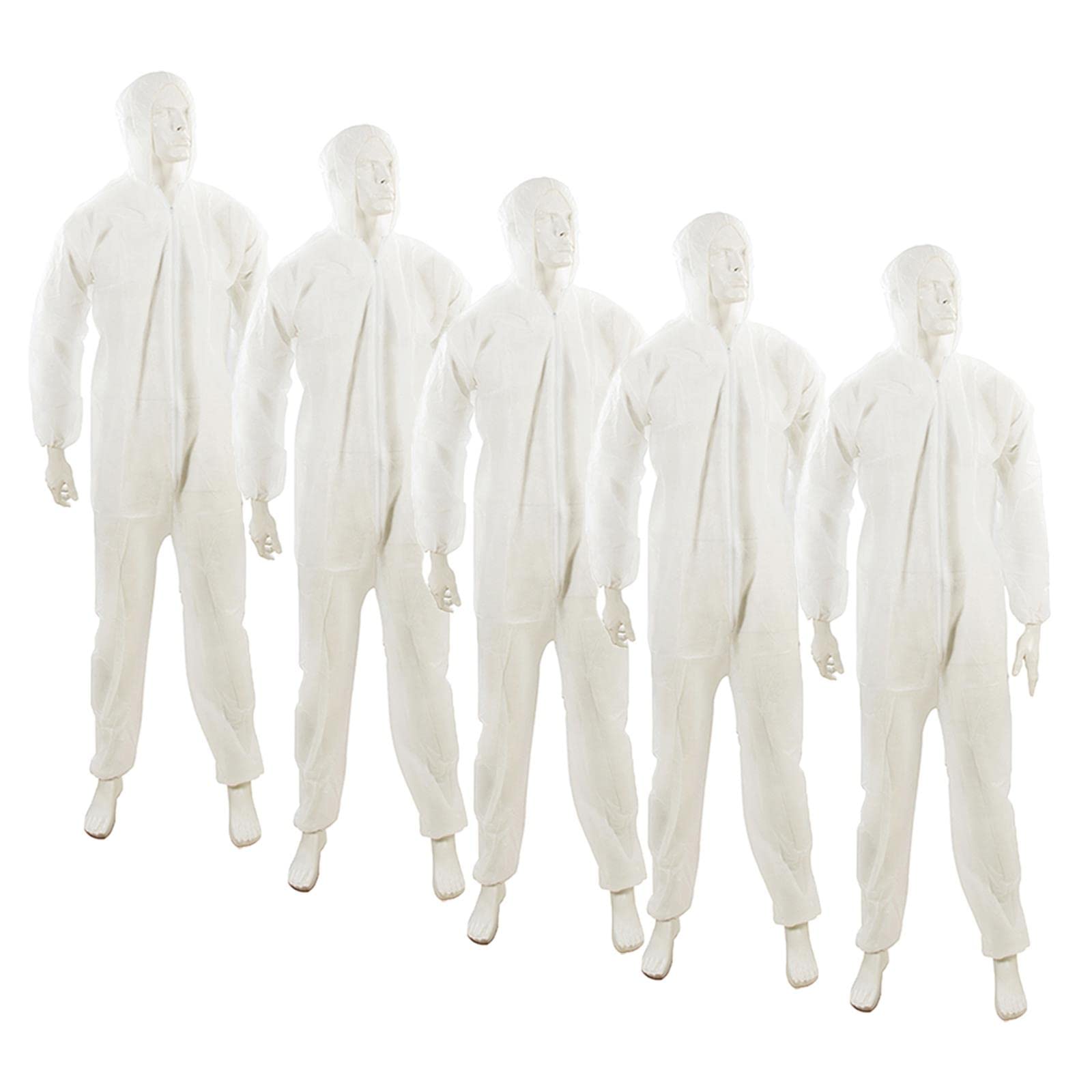 Dapetz ® Disposable Work Overall with Hood, Chemical Protection Hazmat XL 136cm 54" White Paper Coverall Suit, Industrial Safety Workwear For Men, Women 5 Pc