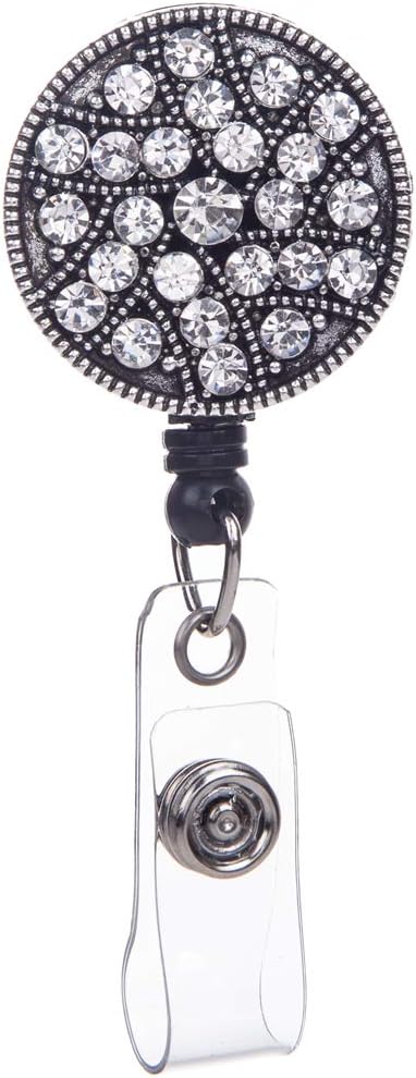 Retractable Badge Holder, Badge Reel, ID Badge Holder Reel Clip Retractable for with Bling Rhinestones Nurse (Antique Silver)