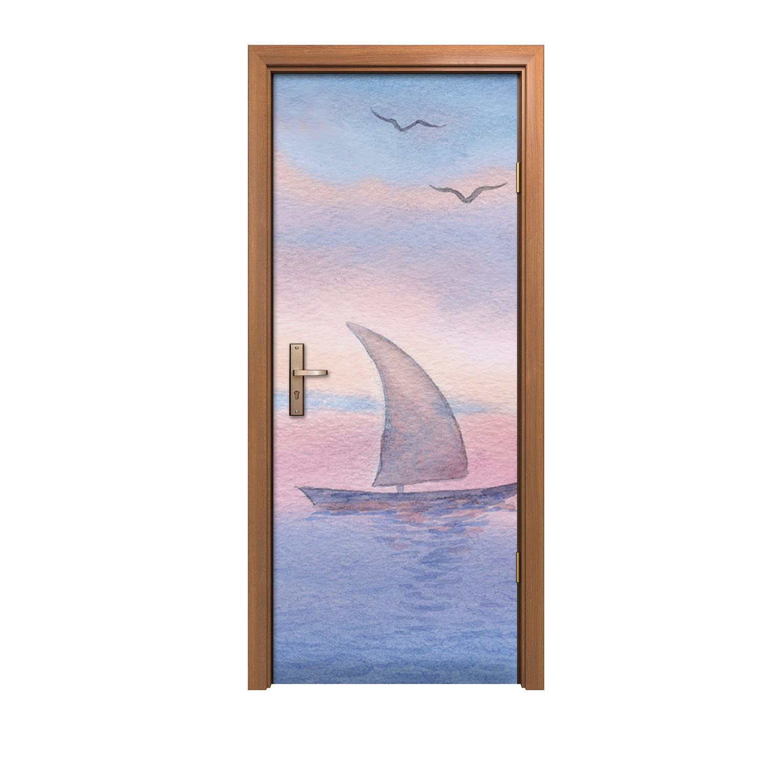 Autocollant de porte aquarelle mer en bateau Coloray poster mural 90x200cm pour décoration