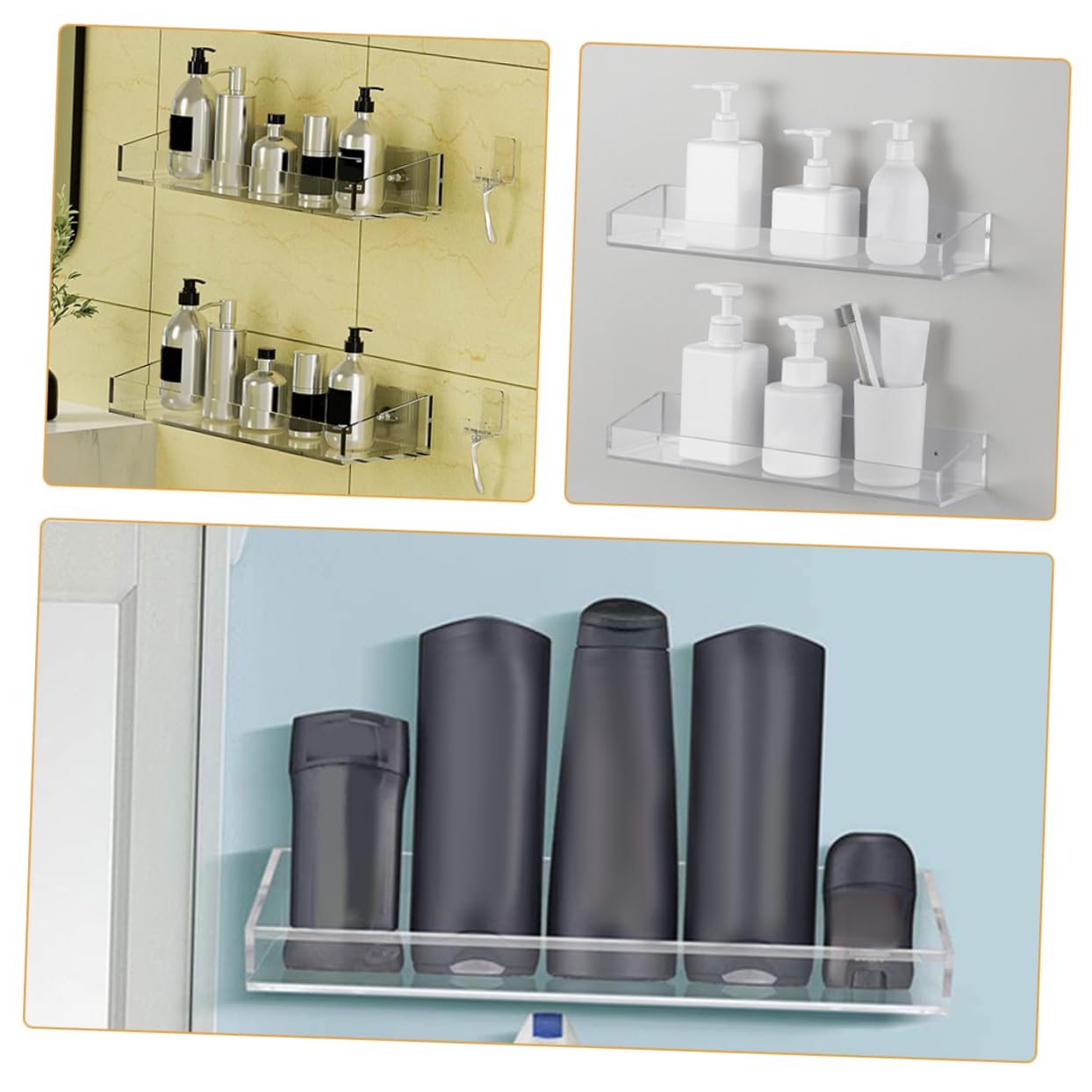 1juego Estante De Almacenamiento Acrílico Transparente para Baño y Cocina Estante Flotante Montado Pared Soporte para Jabón Champú y Utensilios De Cocina