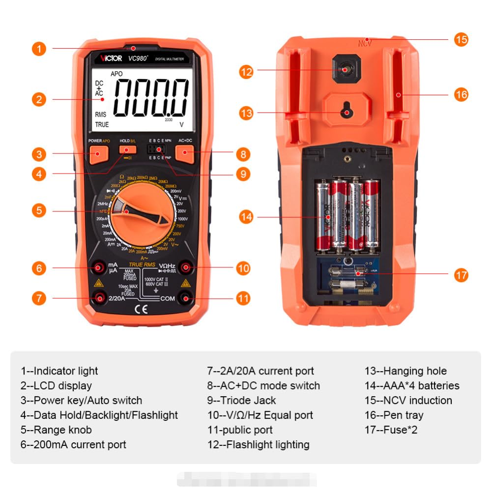 VICTOR VC980+ Digital Multi-Meter 19999 Counts Intelligent Protection Large capacitance and Resistance True RMS Backlight Tester(VICTOR VC980+)