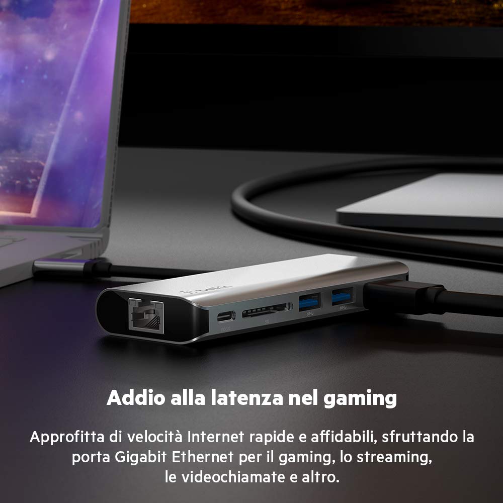 Belkin Hub USB-C Dock Adattatore Multiporta 6 in 1 con HDMI 4K, Alimentazione Passante USB-C PD 100 W, 2 USB-A, Porte Gigabit Ethernet e Slot SD per MacBook Pro, Air, iPad Pro, XPS e Altri