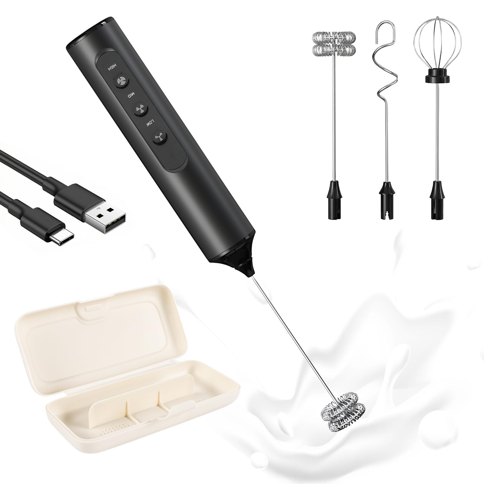 Mousseur à Lait Électrique Portable 3 en 1 avec Étui de Rangement, Mousseur Lait Rechargeable avec 3 Vitesses Réglables, Qualité Alimentaire, Accessoires Détachables pour Latte, Cappuccino, Café