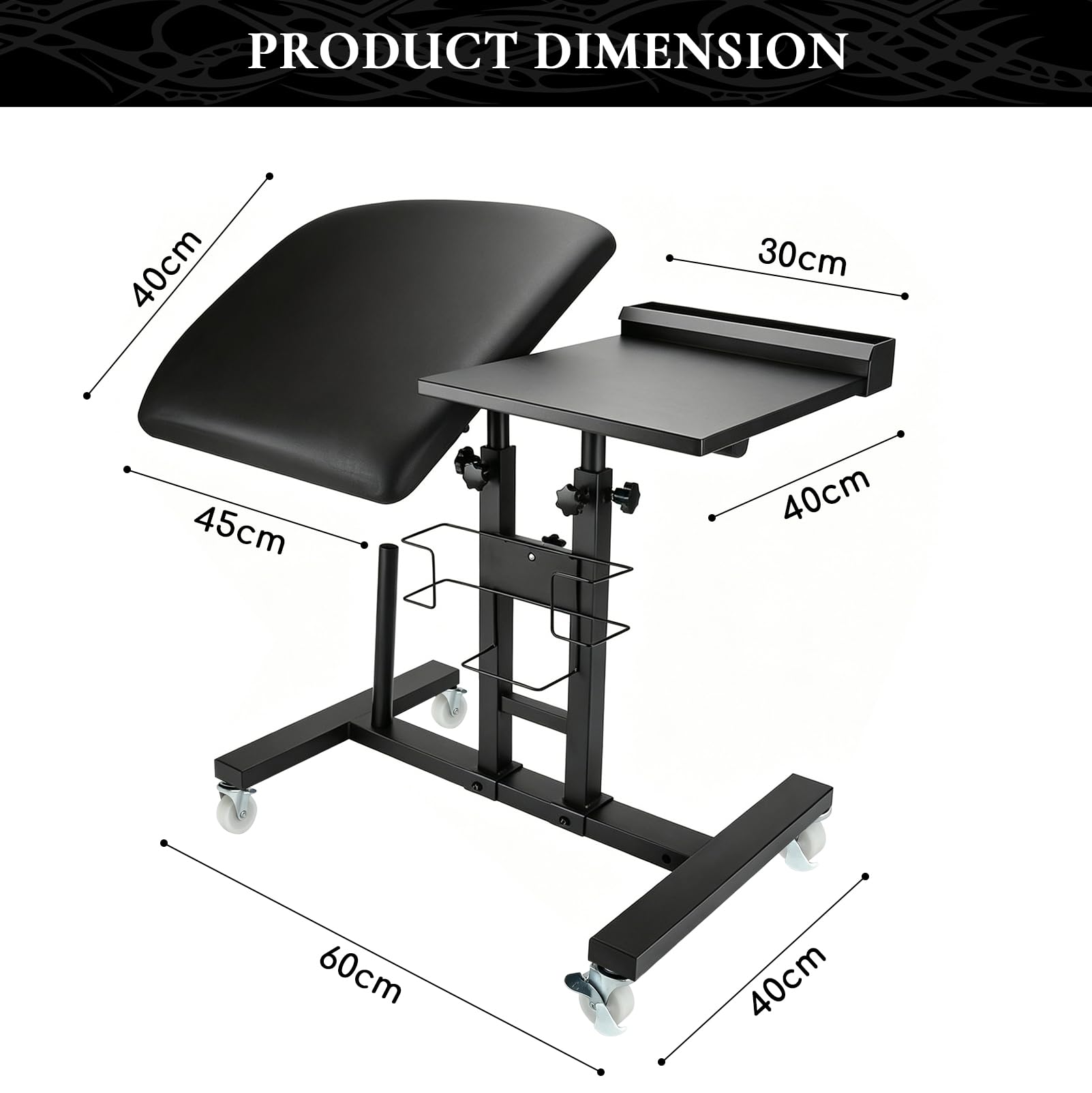 Carro con Ruedas de Tatuajes, Accesorio para Suministros de Salón | Altura Regulable con Plataforma Blanda, Bandeja para Herramientas para Estudios de Artistas y Salones de Belleza, Negro