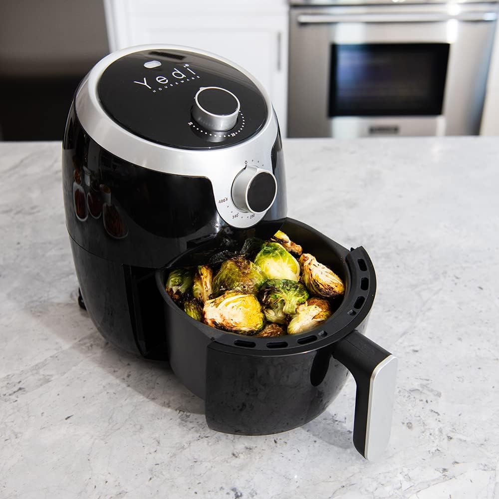 YEDI HOUSEWARE GV030 Air Fryer with basket of brussels sprouts pulled out