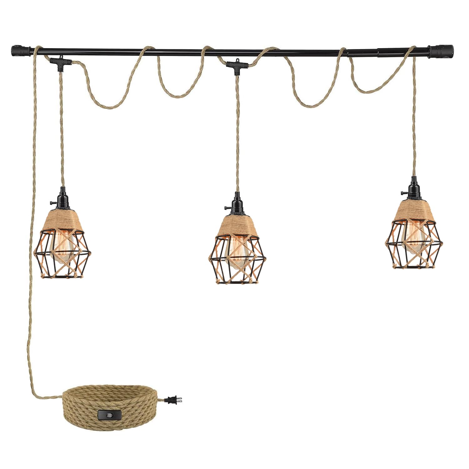 3-Light Hanging Light with Plug in Cord,Plug in Pendant Light 22ft Hemp Rope Pendant Lighting Vintage 3-Light Hanging Lamp Fixtures for Kitchen Island Living Room Bedroom