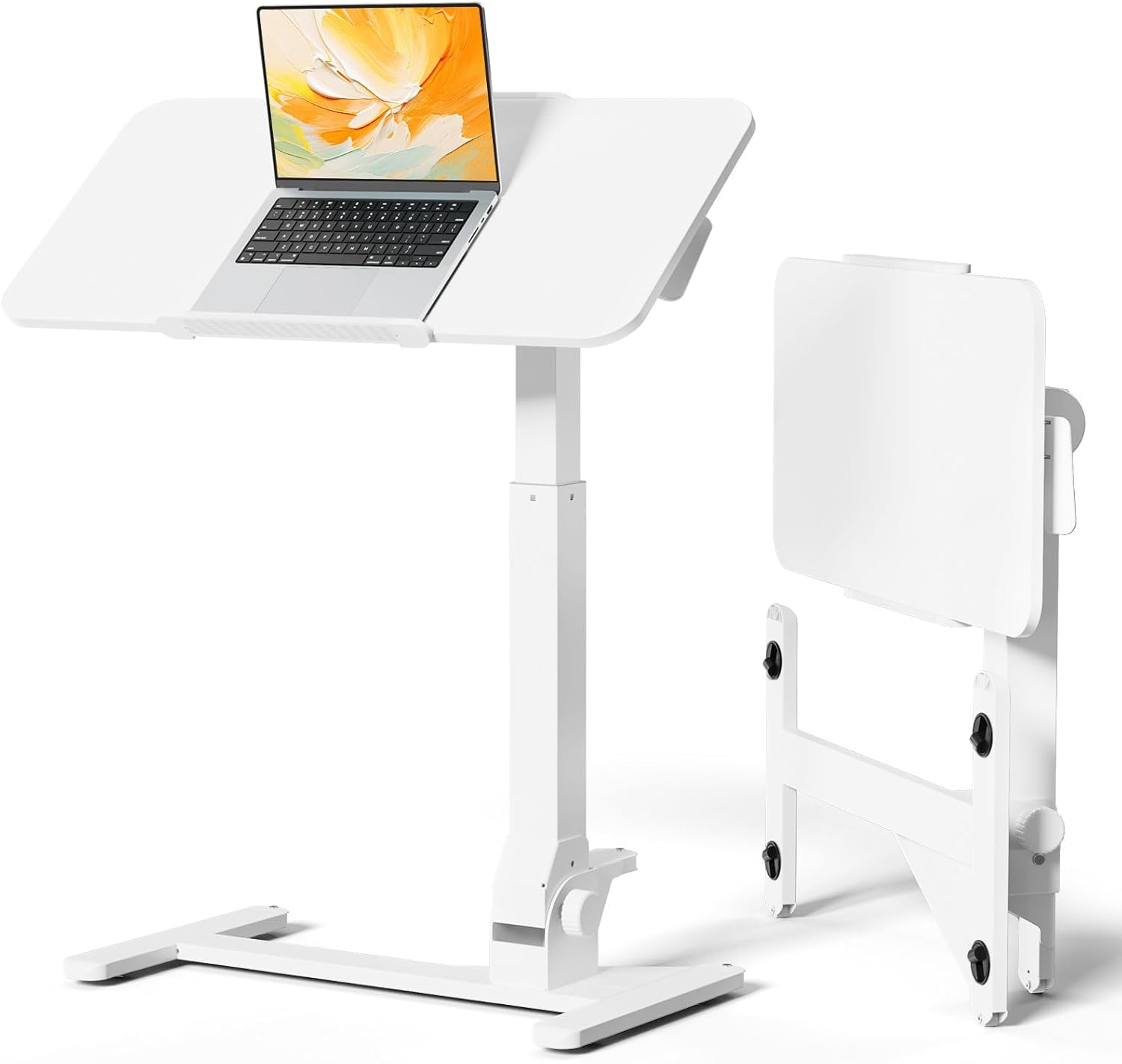 JOY worker Foldable Overbed Bedside Table, 180° Tiltable Mobile Standing Desk with Wheels, 31.5" Pneumatic Height Adjustable Rolling Laptop Desk for Home & Hospital Use, Easy Storage, White