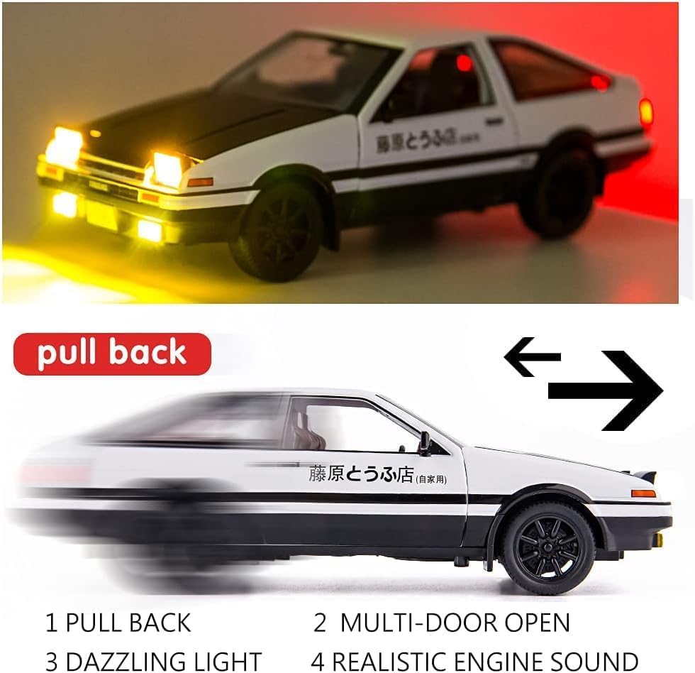 Minniq STORE Scale Exclusive Alloy Metal Pull Back Die-cast Car Model Mini Auto Toy for Kids Metal Model Toy Car with Sound and Light (1.32 Scale Toyo TA AE86-BLACK/WHITE) 3