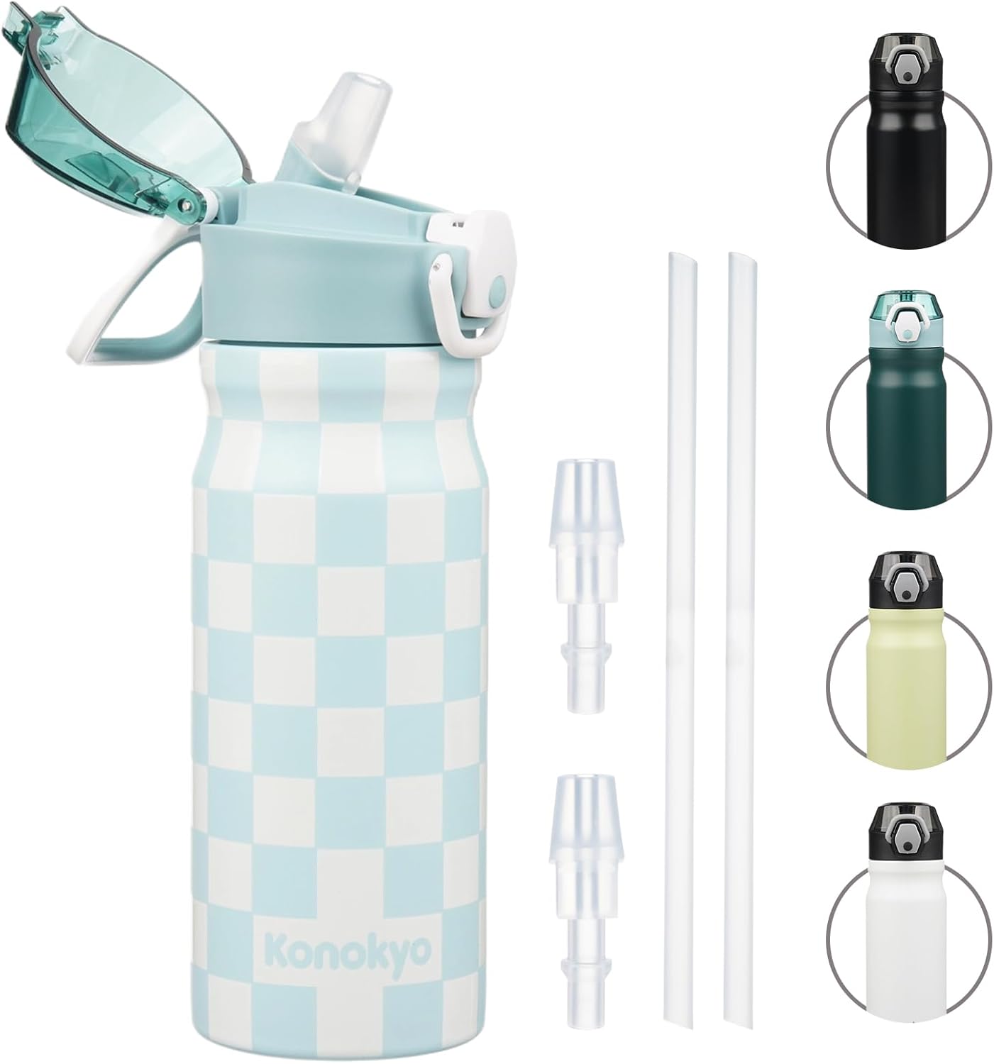 Konokyo Insulated Water Bottle with Straw and Carry Loop,18 oz Stainless Steel Double Wall Vaccum Metal Water Flask with Leak-proof Lid,Blue White Plaid