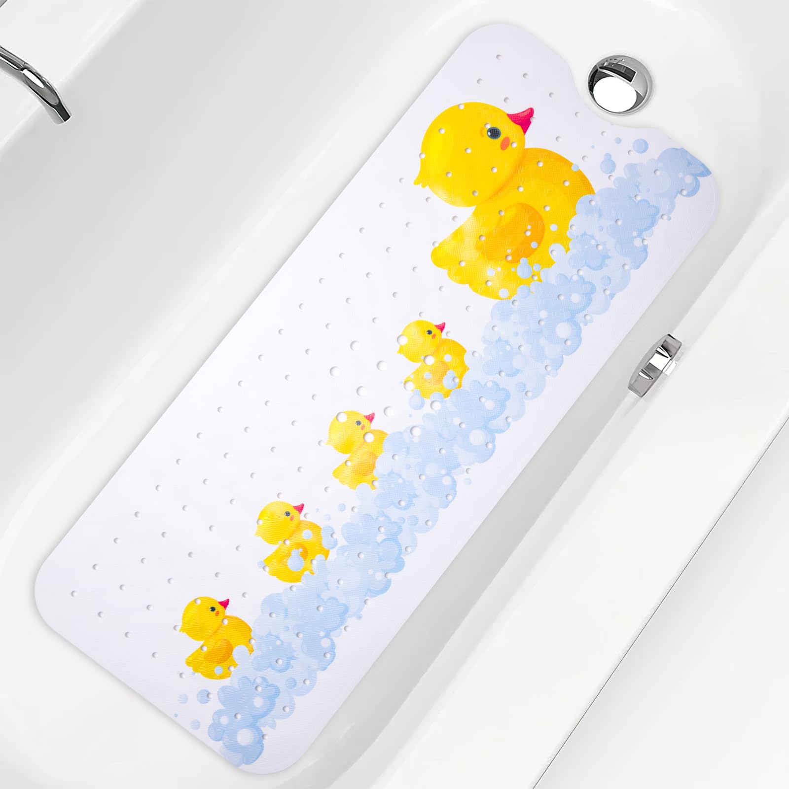 PRATIQUE Kids Bath Mat for Tub Non Slip，40 X 16 Inch Extra Long Kids Bathtub Mat Duck Print Bathtub Shower Mat Safety Anti Slip with Suction Cups and Drain Holes, Machine Washable