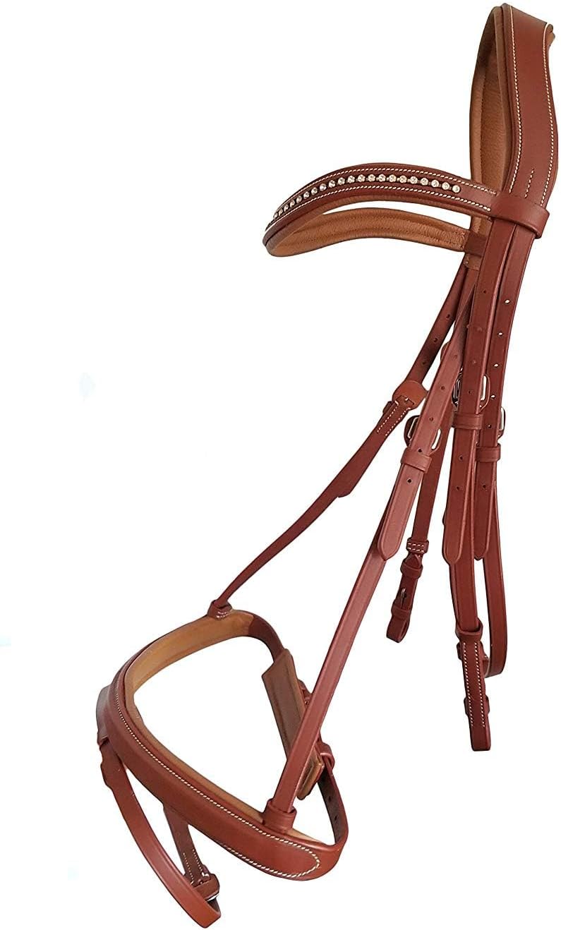 English Bridle Headstall Reins Cowhide Genuine Leather Horse Crossover Crossunder Raised Fancy Stitched Laced All Purpose Jumping Dressage Rubber Crystal Padded Adjustable Browband Full-Cob,M56