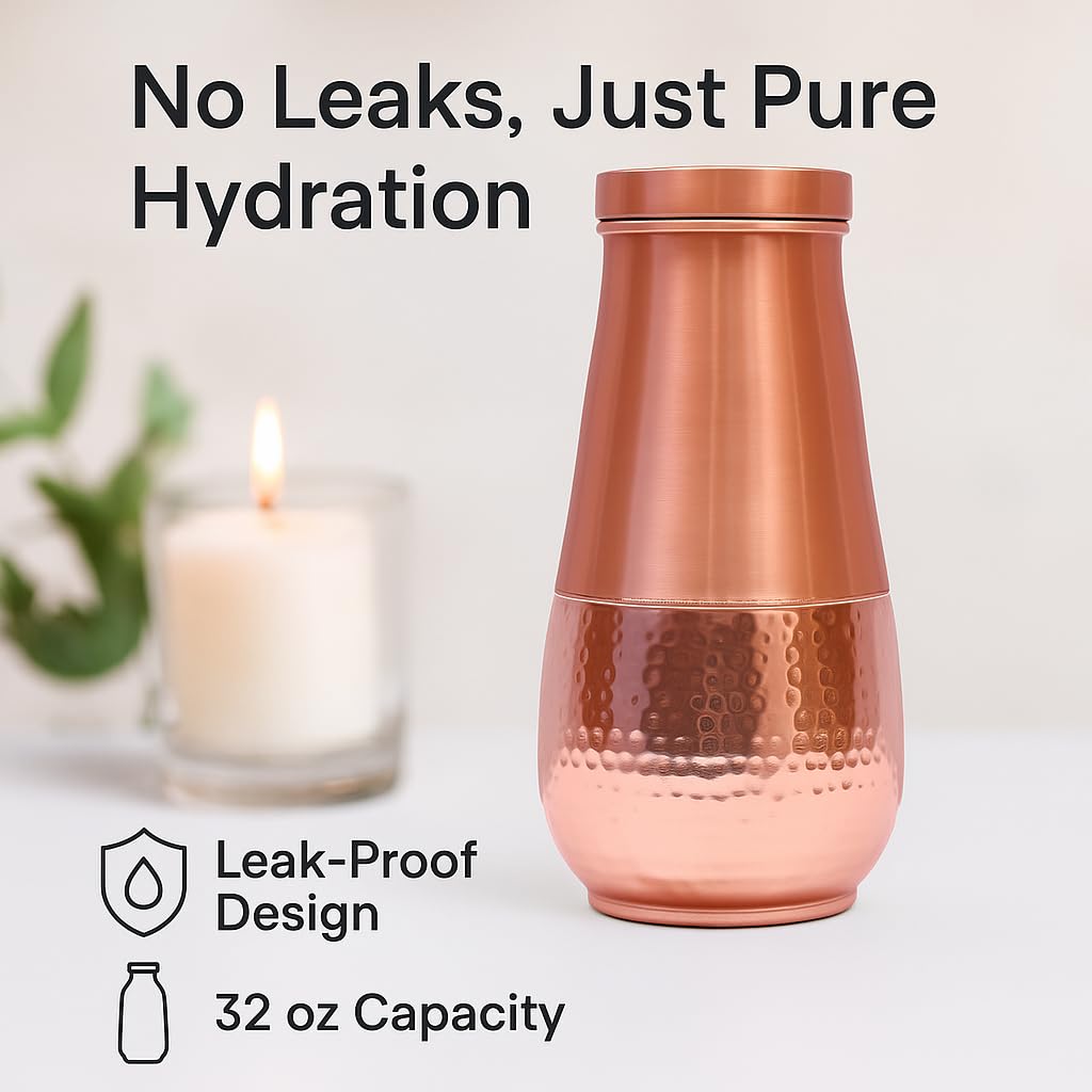 Trinkflasche aus reinem Kupfer, 1000 ml (1 Liter) Nachttischkaraffe mit halbgehämmertem Waben-Design für ayurvedische gesundheitliche Vorteile, auslaufsicher und leicht zu reinigen