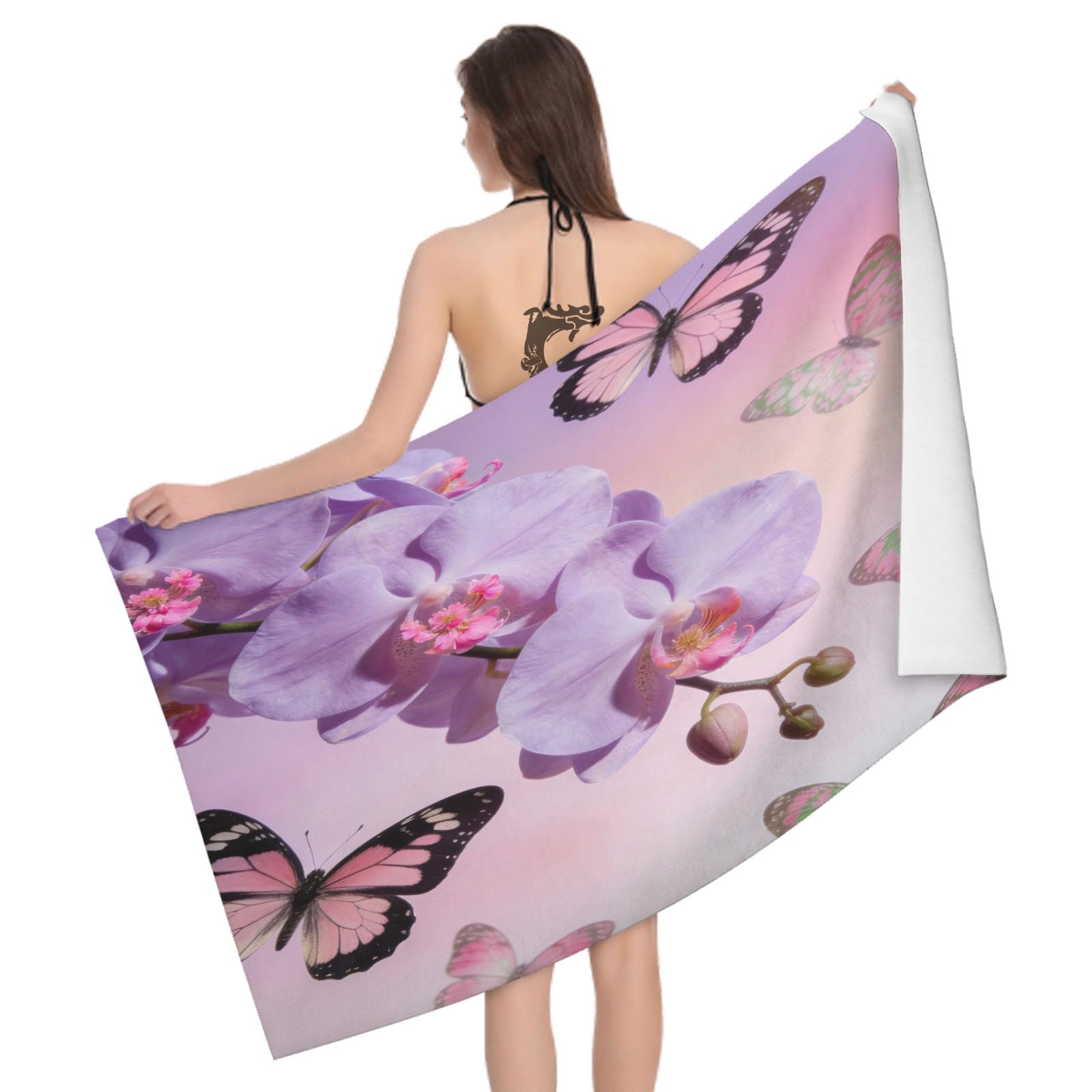 Leichong 3D Purple Orchid Beach Towel Large Microfiber Soft Quick Dry for Adults, Butterfly Bath Towel Lightweight Soft Absorbent for Travel Swimming Pool Sports, 80 x 160 cm
