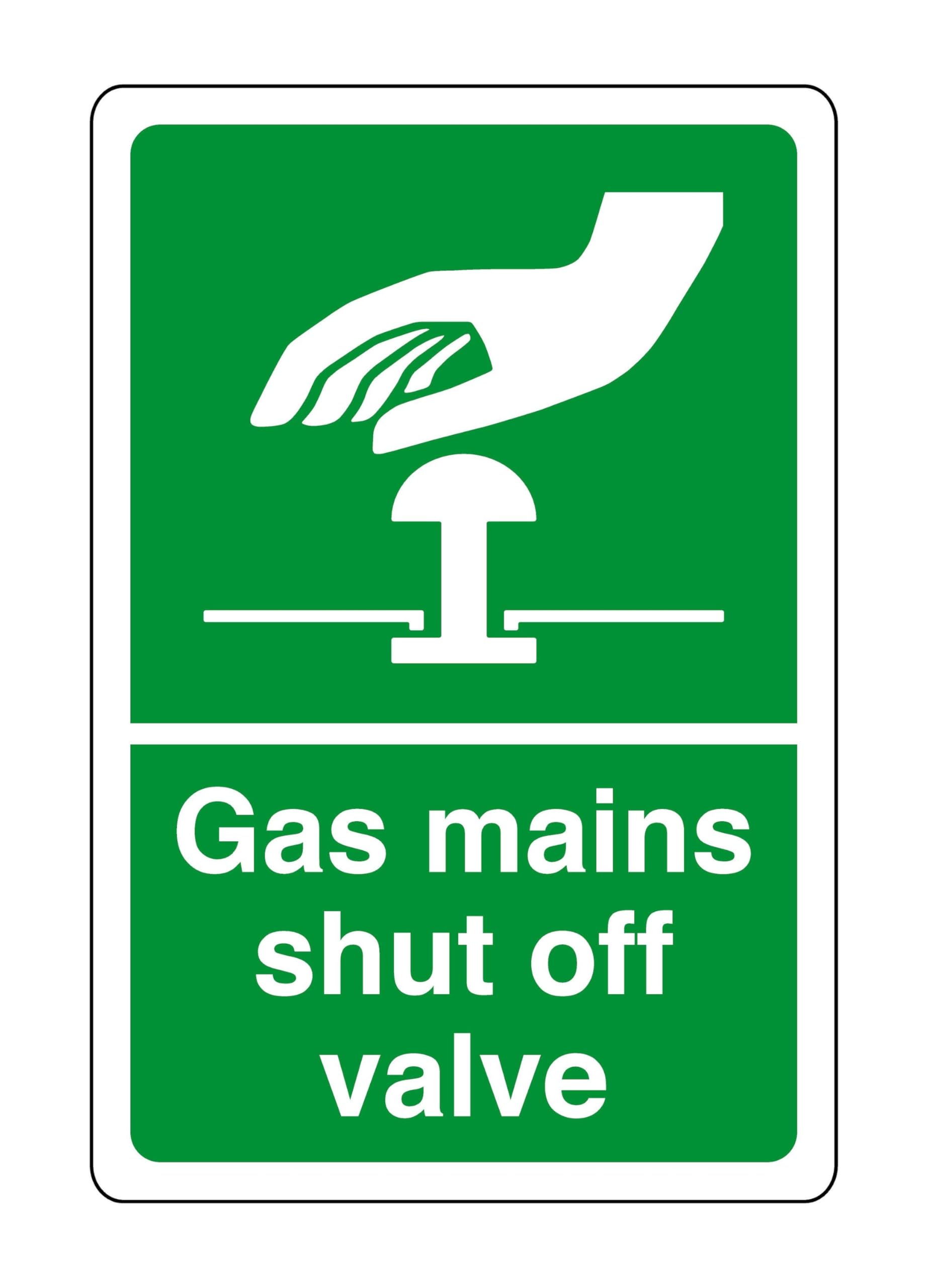 Gas mains shut off valve - safety sign - High tack self-adhesive sticker (200mm x 150mm) Viewing Distance within 5m.