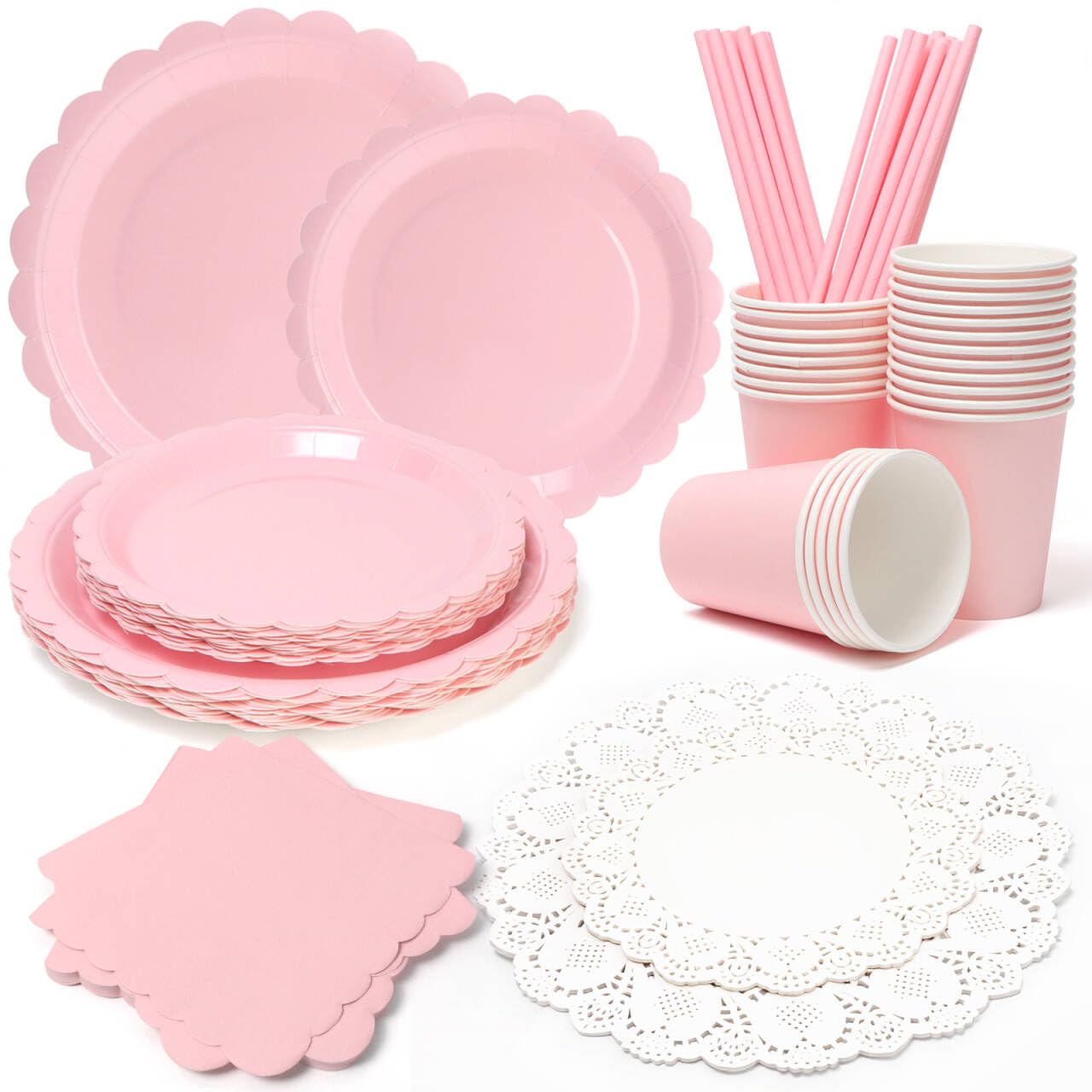 PARTY GO 175PC Pink Paper Plates Cups Napkins Straw Paper Doilies Tableware