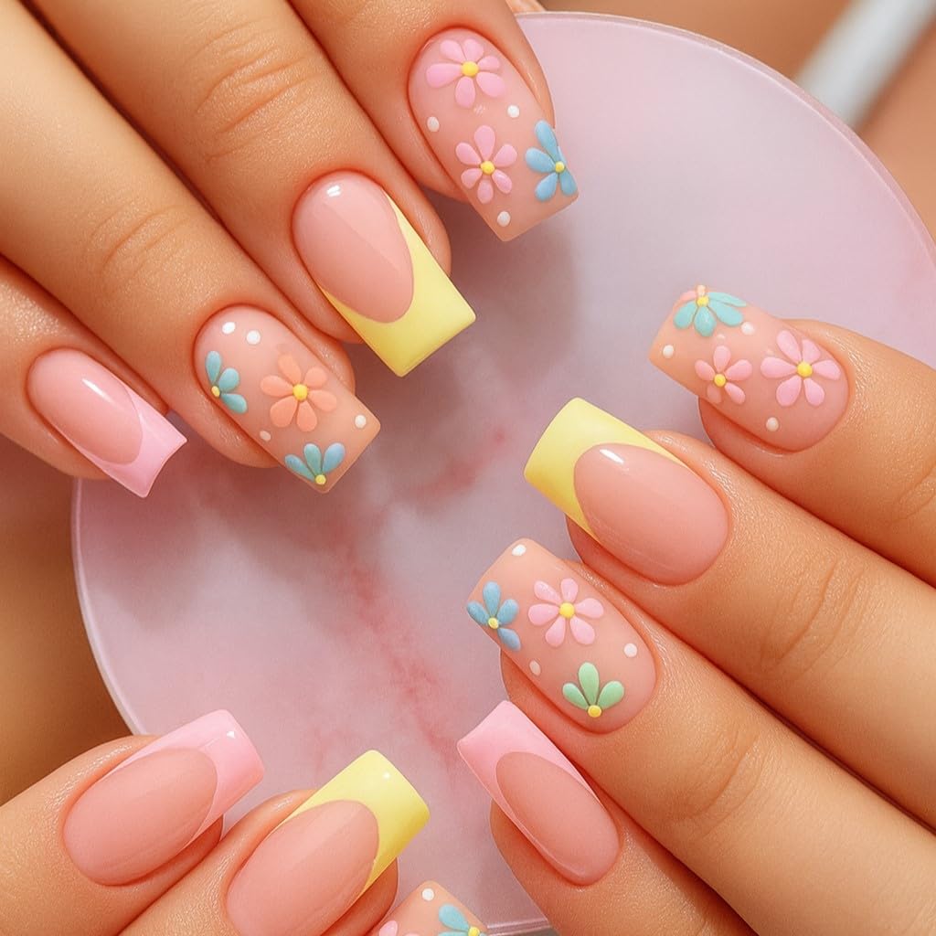 Sunburst Mart Pastel Spring Floral French Tip Press-on Nails, Pink and Yellow Tips with 3D Flower Design, Artificial Nail Set-image-43