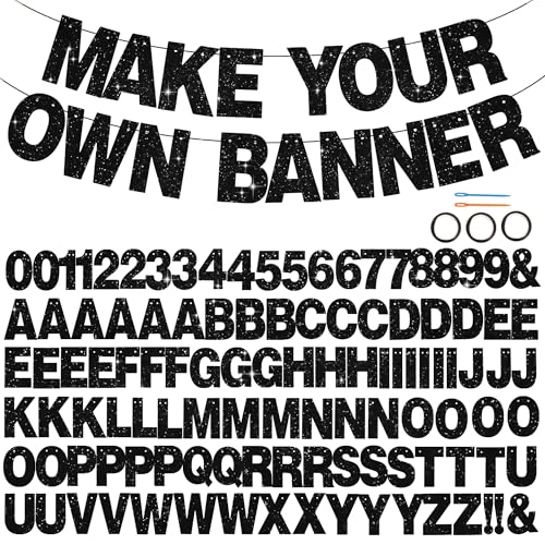 BEISHIDA 116 PCS A-Z DIY Letter Banner Kit Make Your Own Banner Including 111 Letters and Numbers 3 Rope and 2 Threading Device Customized for Birthday Graduation Wedding Decor Glitter Black
