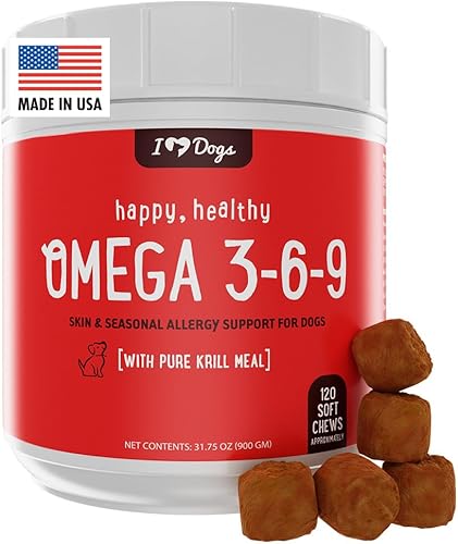 Miniatura 1 de iHeartDogs Omega 3-6-9 para perros  Skin and Coat Aceite de pescado Suplemento para perros con aceite de krill antártico puro  Alergia y picazón en