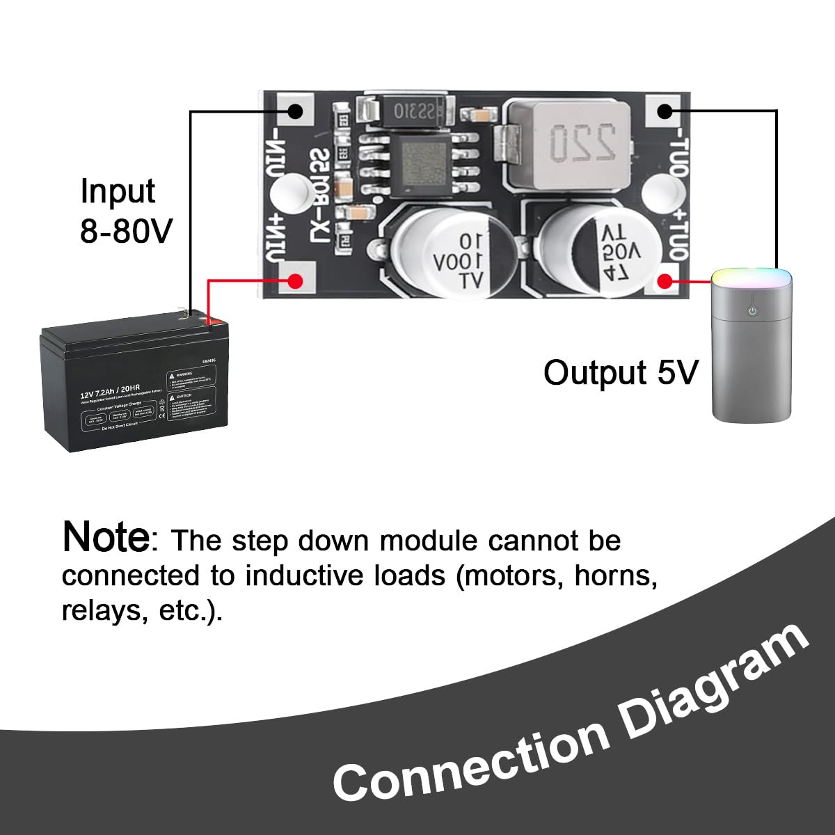 5 sztuk 8V-80V do 5V 1.2A DC-DC Moduł redukcyjny z aluminiowym buck konwerterem PCB i czerwonym i czarnym kablem 26AWG do paneli słonecznych DIY