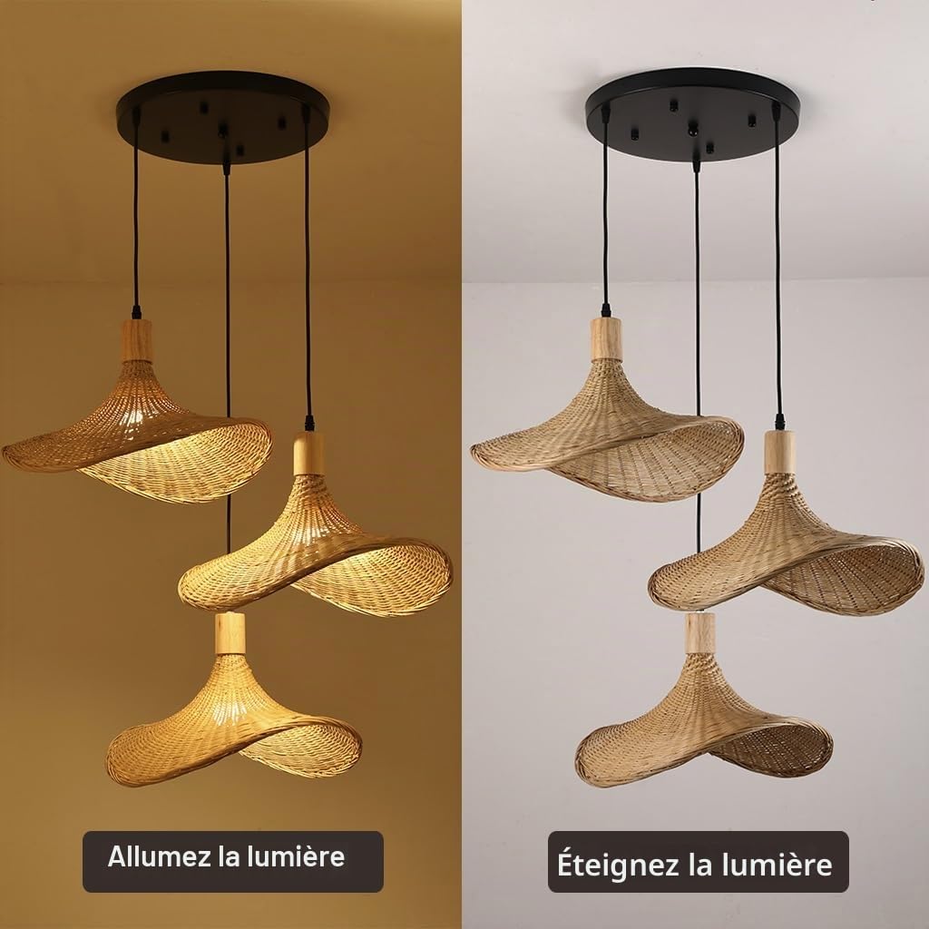 Suspension 3 Lampes Pendentif Tissage Vintage Lampe Bambou Et Rotin Boho Naturel Tissé Suspendu Nostalgique Réglable E27 Lustre Restaurant Plafonnier Rustique Pour Salon Chambre Cuisine Couloir(Taille