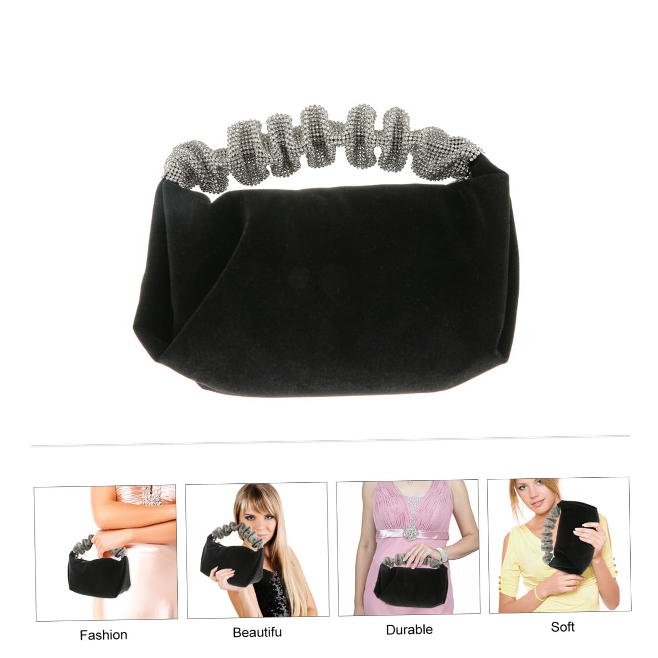 GALPADA Negro Bolso de Terciopelo de Imitación de Gemas Fiesta