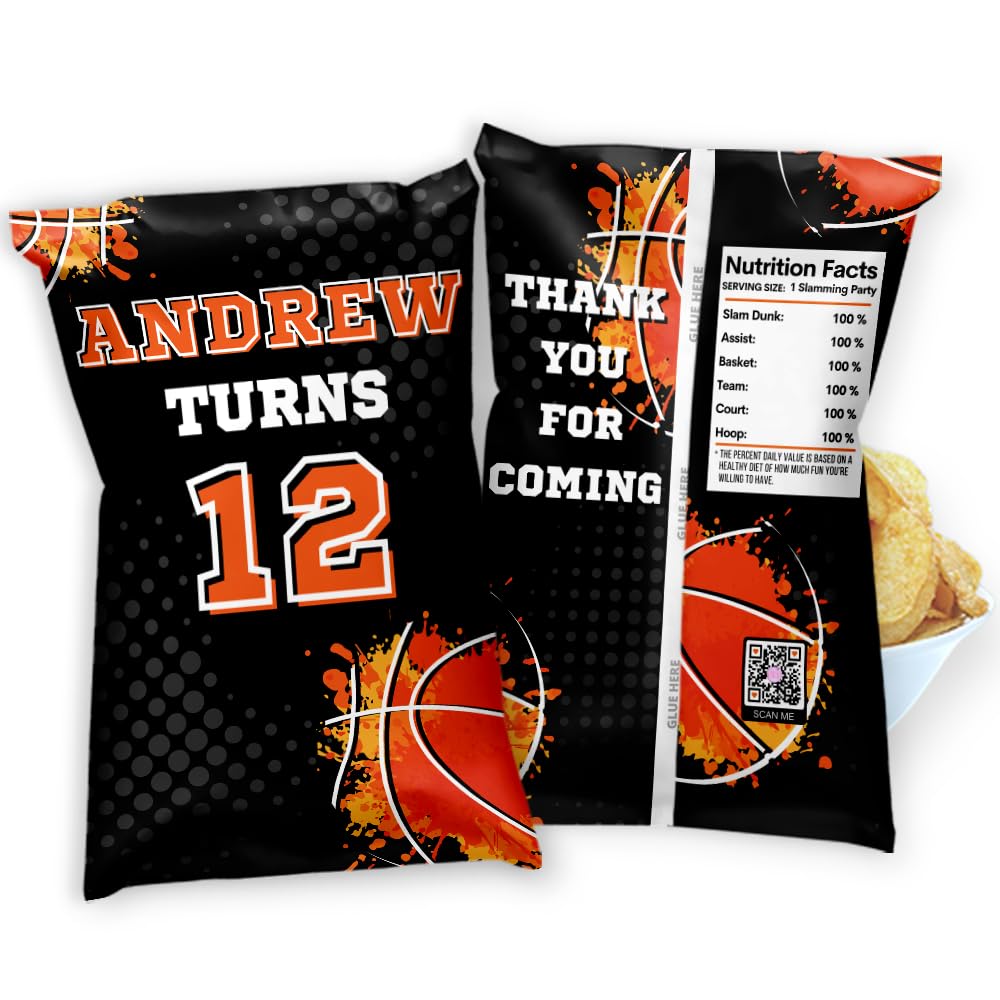 Personalized Basketball Birthday Themed Paper Chip Bags, Sports Party Favors Goodie Bags, Basketball Gift Set, Sports Party Supply Decorations for