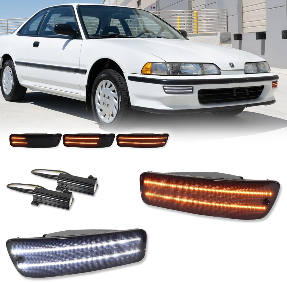 for 1992 1993 Acura Integra RS/GS/LS/GSR Front Bumper Turn Signal Parking Daytime Running Light Smoked Lens Amber & White LED Lamp Driver and Passenger Side AC2530102 AC2531102