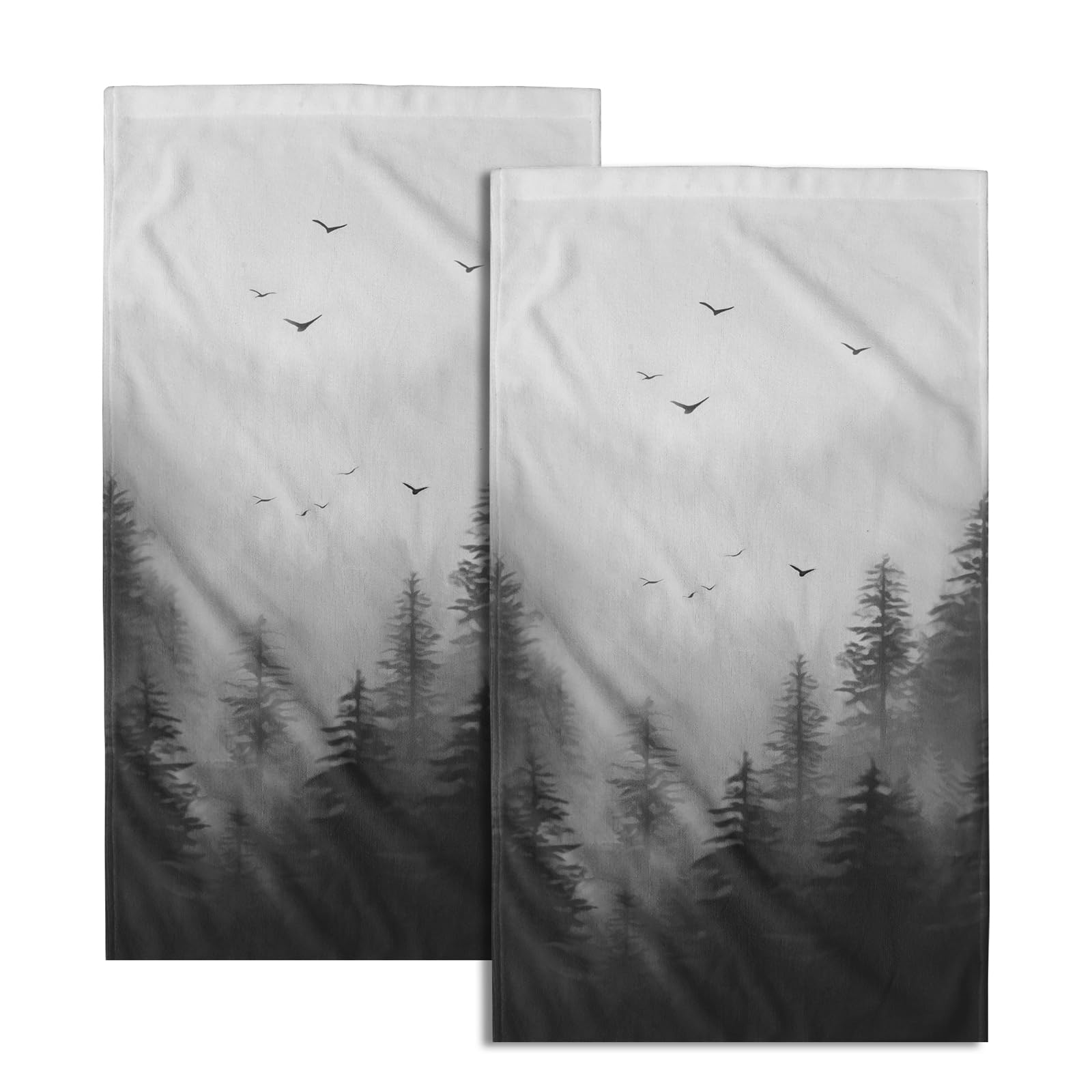 Giwawa Black Misty Forest Hand Towels Set of 2 Mountain Woodland Soft Absorbent Face Bath Towel Dish Towel Bathroom Kitchen Towel Decor Gift