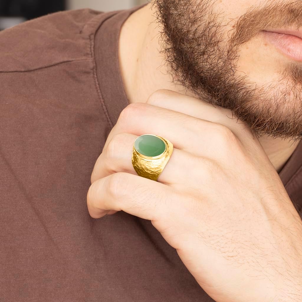 Natural Aventurine Crystal Ring Men's Hammered 24K Gold Vermeil 925 Sterling Silver Oval Solitaire Gemstone Dainty Statement Healing Crystal Gemini Luck Handmade Turkish Fine Jewelry