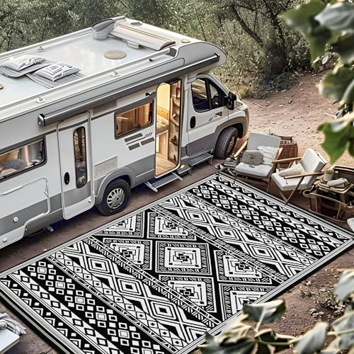 Onelike 9x18' Outdoor Plastic Straw Rug Patio Rug Waterproof Design Non-Slip & Easy to Clean Perfect for Garden, Porch, Balcony, Camping, RV Trip, Deck, Black&White