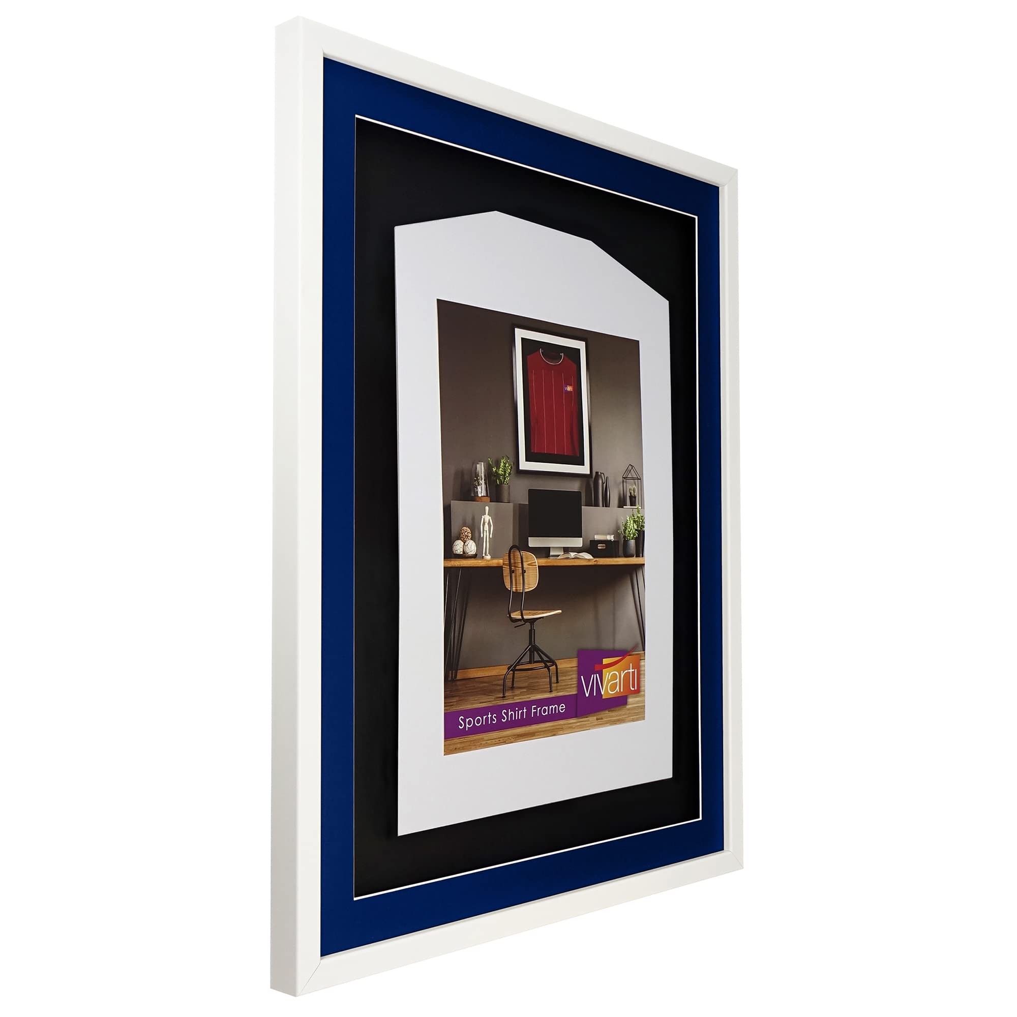 Vivarti Marco de Exhibición 3D para Camisa de Fútbol 60x80 cm Blanco Brillante Soporte Azul