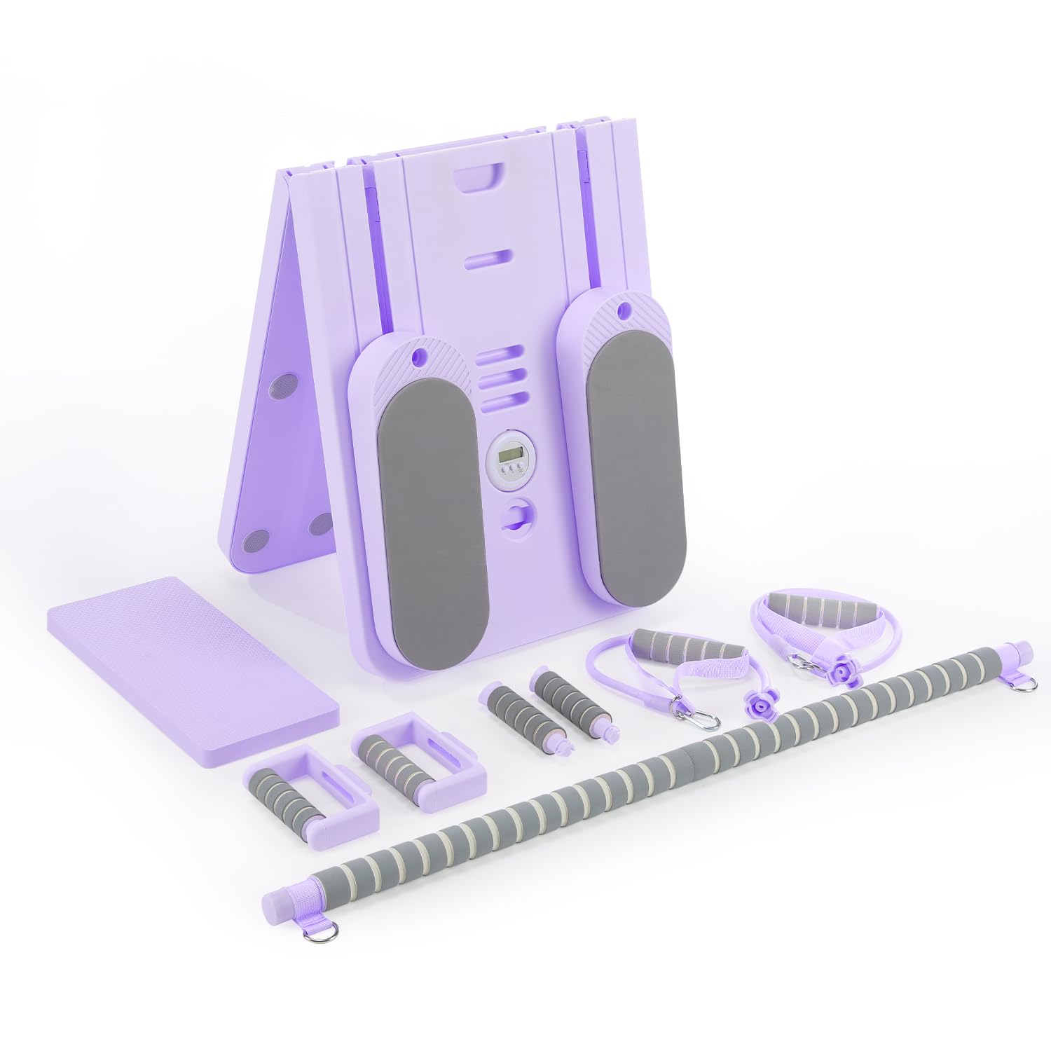 Pilates Board Set für zuhause - Faltbarer Reformer Pilates Maschine, Mini Pilates Reformer Board, Reformer für Pilates Premium - inkl. Timer, Widerstandsbänder, Griffe