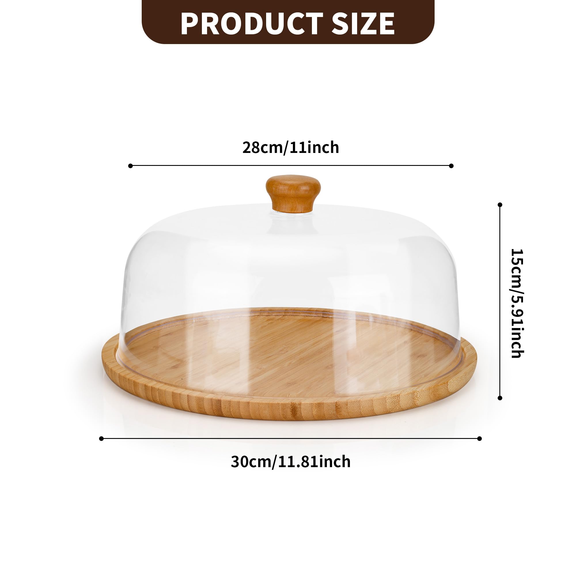 Soporte para tartas de 11 pulgadas con tapa de cúpula, cúpula transparente para tartas, placa redonda de madera con cubierta para aniversario, cumpleaños, boda, fiesta