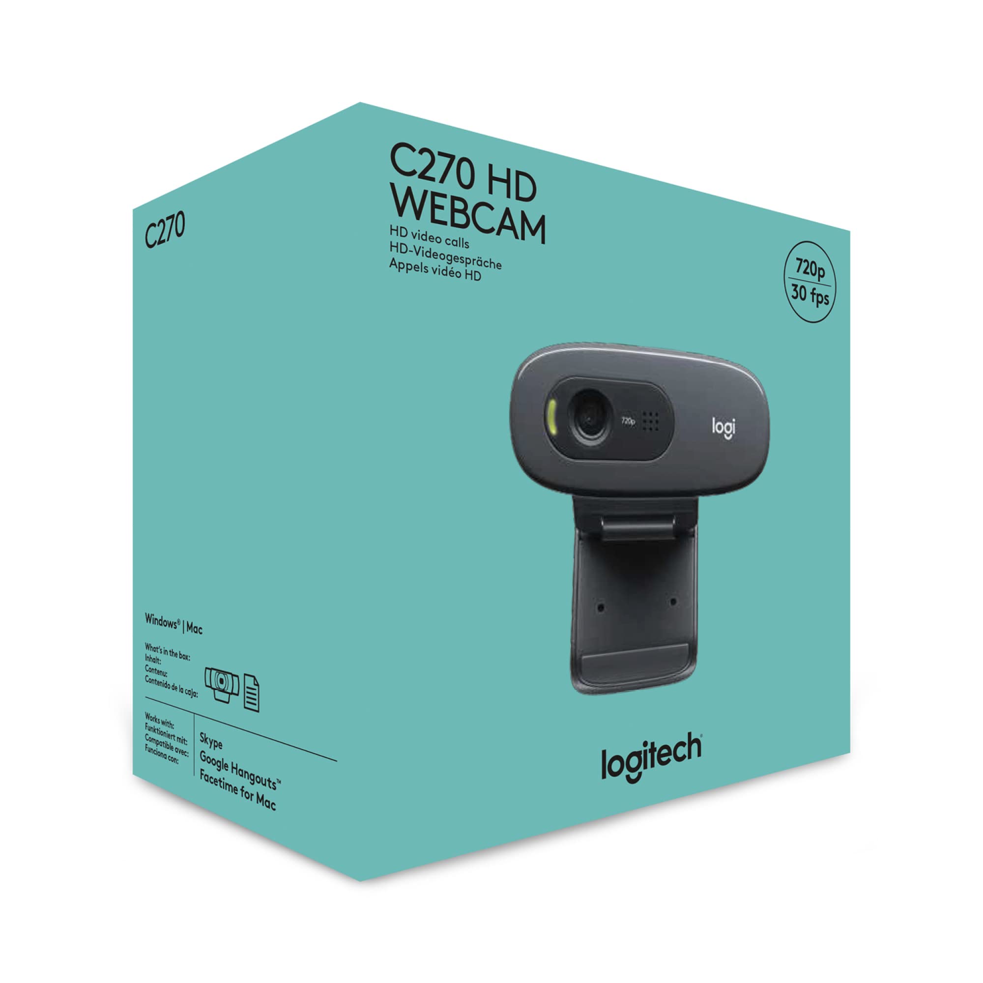 Logitech C270 Webcam HD, 720p/30fps, Videochiamate Widescreen, Correzione Automatica ‎Luminosità, Microfono Riduzione del Rumore, Skype, FaceTime, Hangouts, WebEx,PC/Mac/Tablet/Chromebook-Grigio