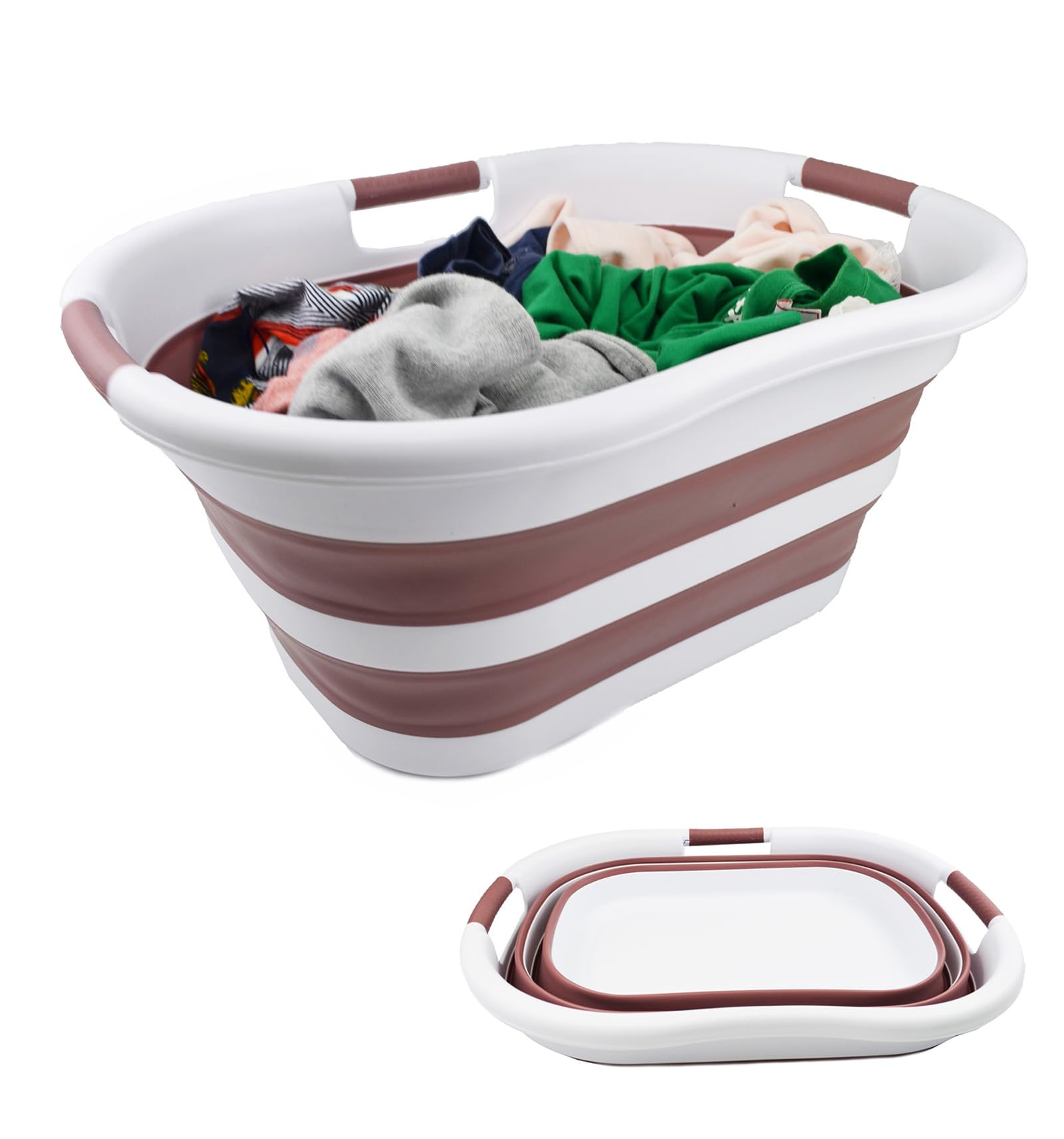 SAMMART 40L Collapsible Plastic Laundry Basket - Foldable Pop Up Storage Container/Organizer - Portable Washing Tub - Space Saving Hamper/Basket (1, White/Dusky Pink)