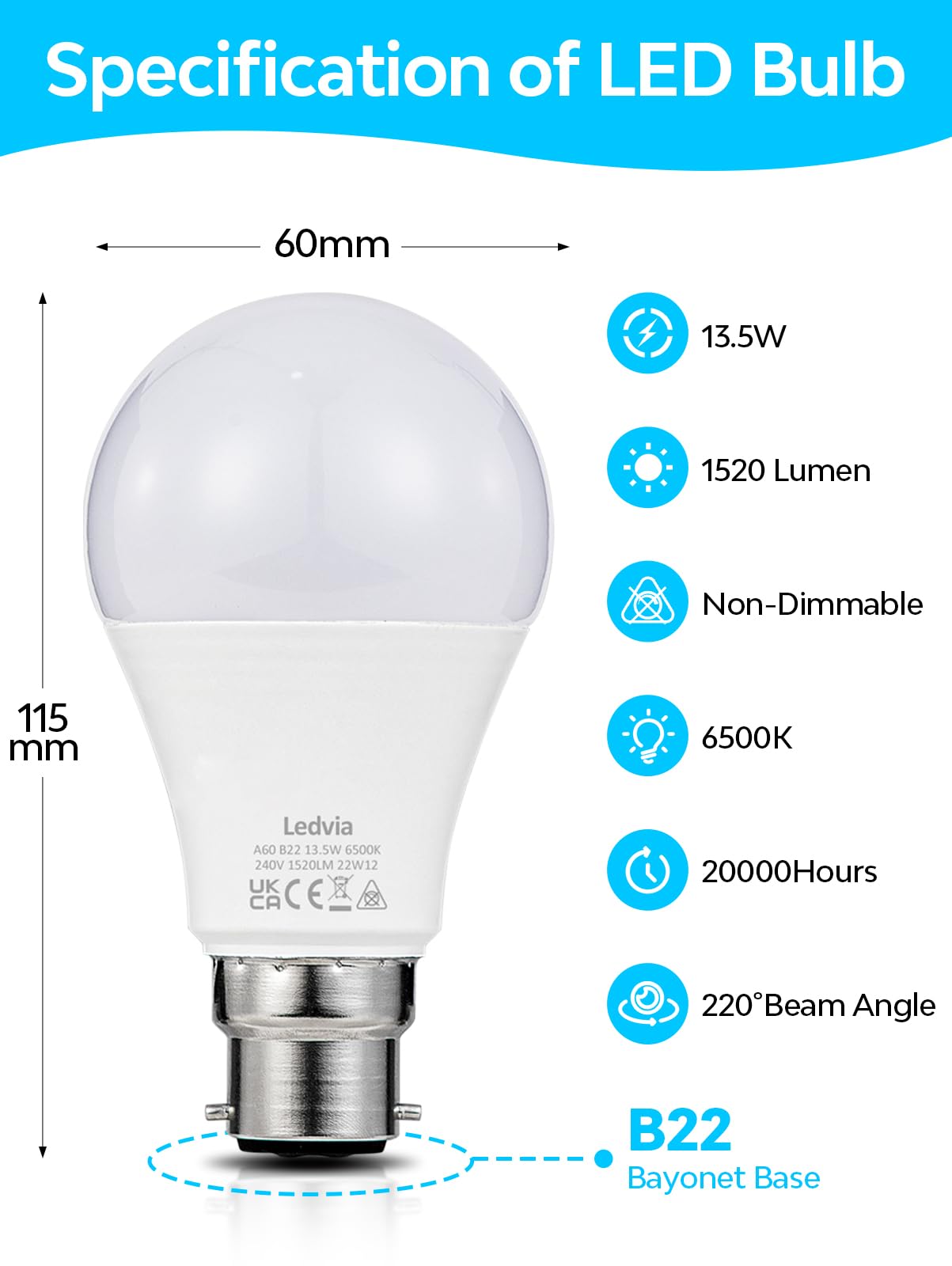 B22 LED Bayonet Light Bulbs, 100W Equivalent, 13.5W 1520lm Daylight Cool White 6500K, Non-Dimmable, Energy Class E, Pack of 6 - Image 3
