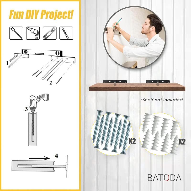 BATODA - 6" Floating Shelf Bracket Heavy Duty – Solid Steel Blind Shelf Supports - Hidden Brackets for Floating Wood Shelves - Screws and Wall Plugs Included (6 Inch Rod, 8)
