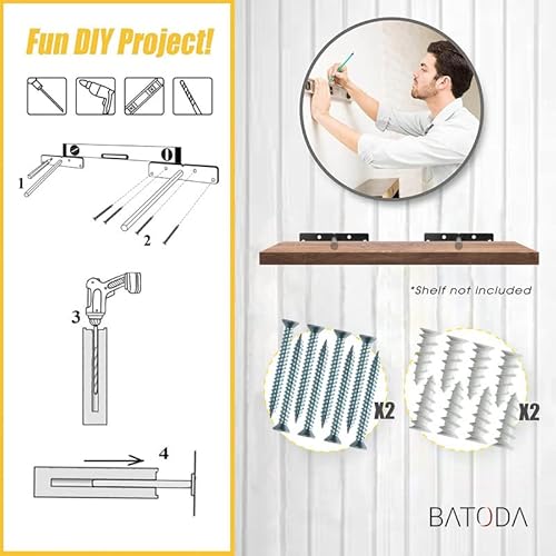 Batoda - 6" Floating Shelf Bracket Heavy Duty (8 Pcs)-Solid Steel Blind Shelf Supports - Hidden Brackets For Floating Wood Shelves - Blind Shelf Support - Shelving Mounting Hardware Included (Pack 8) #TOP5