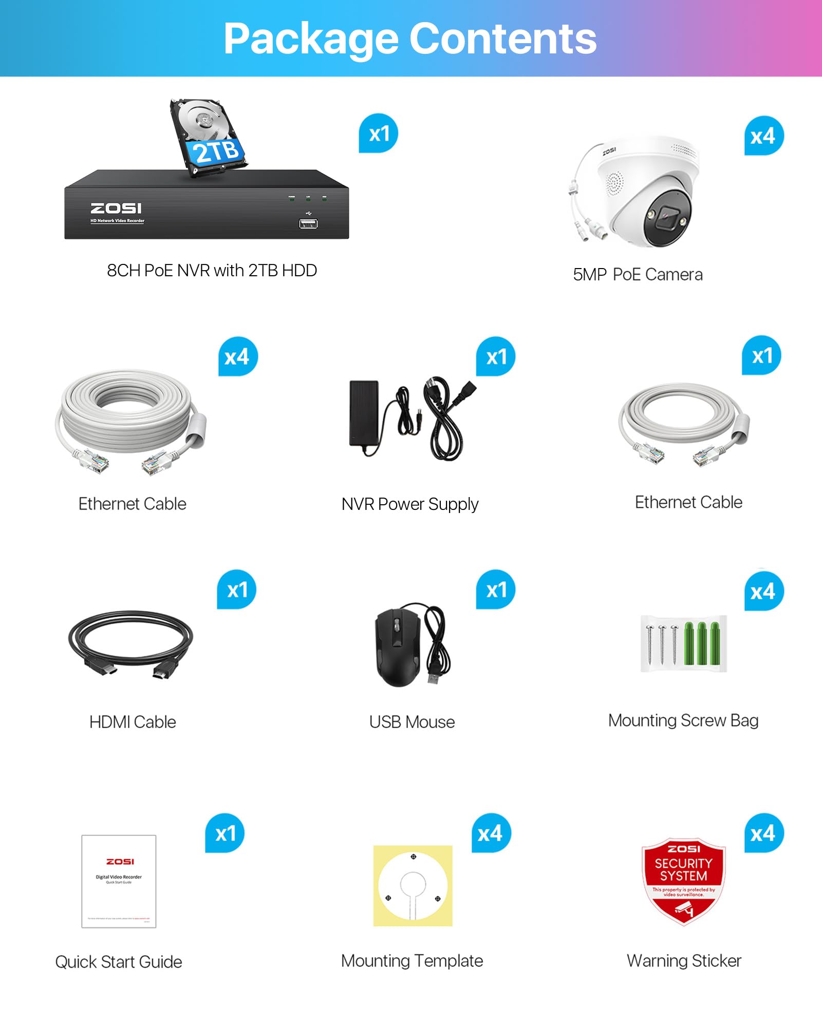 ZOSI 5MP Kit Videosorveglianza PoE, 8CH 4K NVR con 2TB HDD, 4x 5MP Telecamera PoE, AI Rilevamento di Persone e Veicoli, Audio Bidirezionale, Visione Notturna a Colori, C225