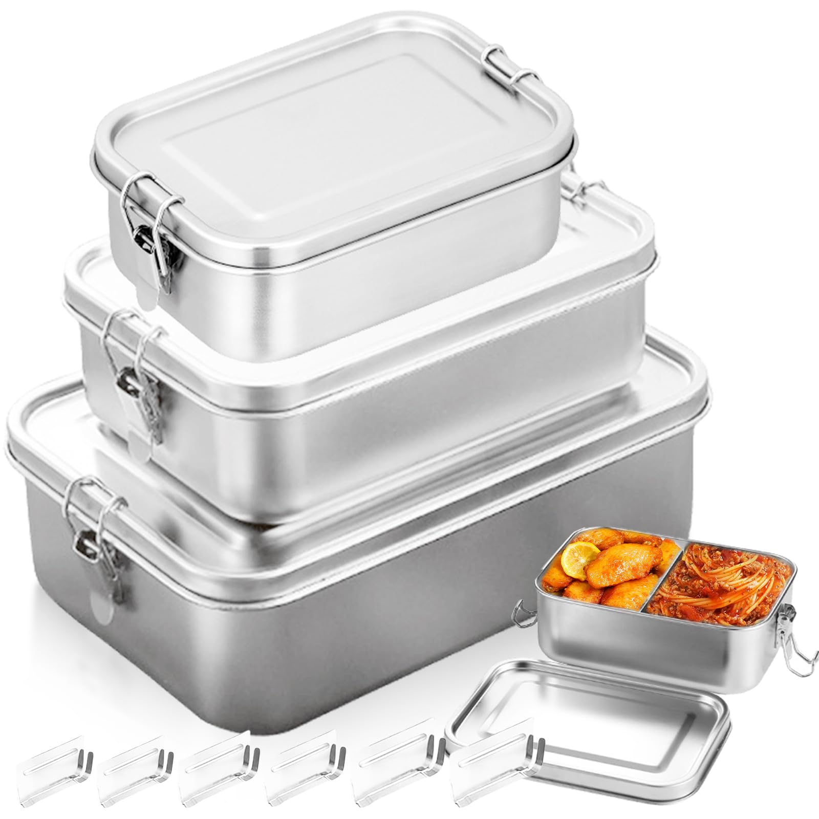 Pudełko śniadaniowe ze stali nierdzewnej 304, 3 sztuki, szczelne pudełko na lunch z przegródkami, 850 ml + 1400 ml + 2400 ml, ze stali nierdzewnej, nie zawiera BPA, metalowe, szczelne, na kemping