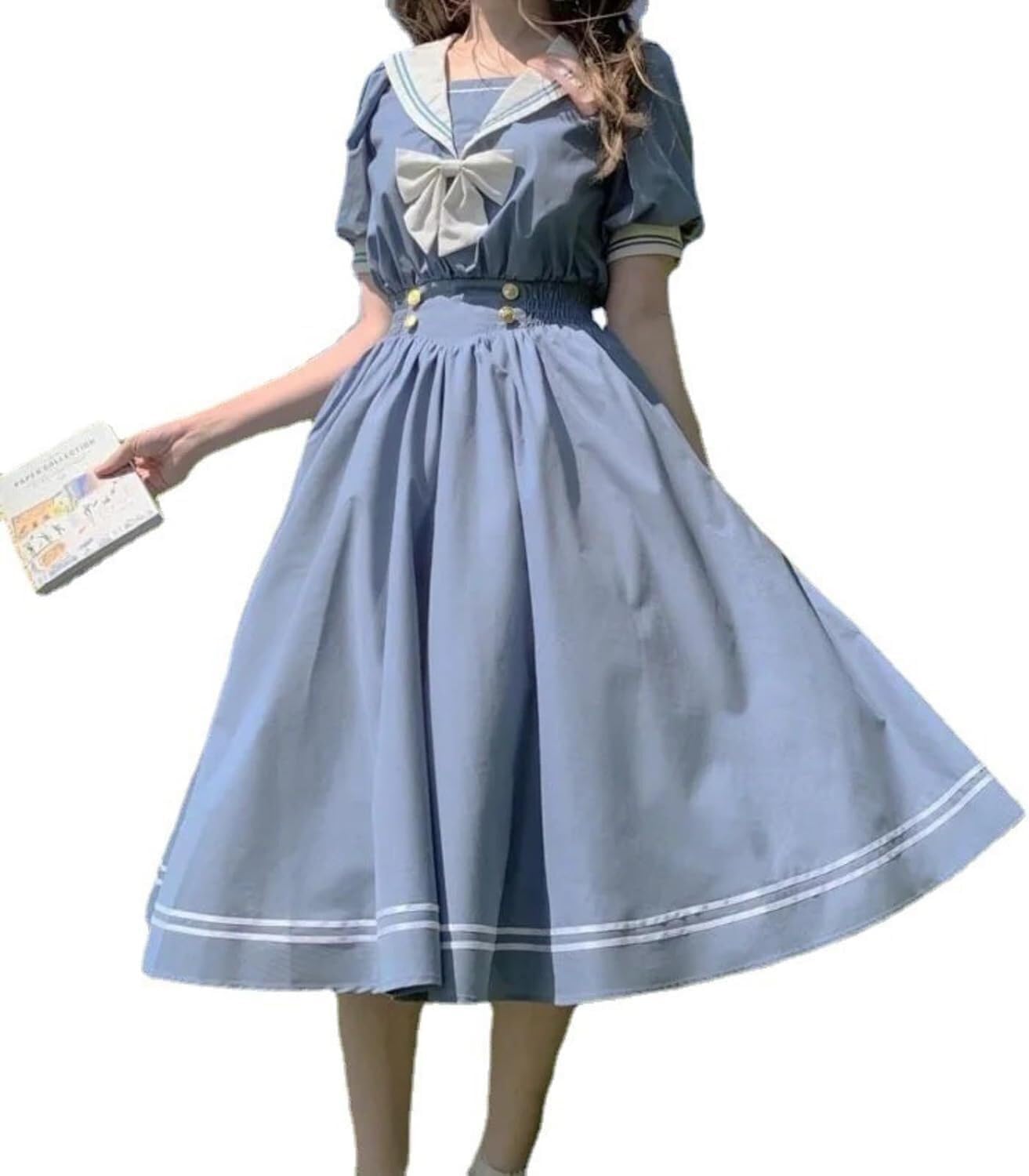 CheJooe Girl Cute Lolita Dress Kawaii Navy JK Japanese Sweet Student College Style Summer Princess Dress Adult A-Line Dress(Navy,XL)