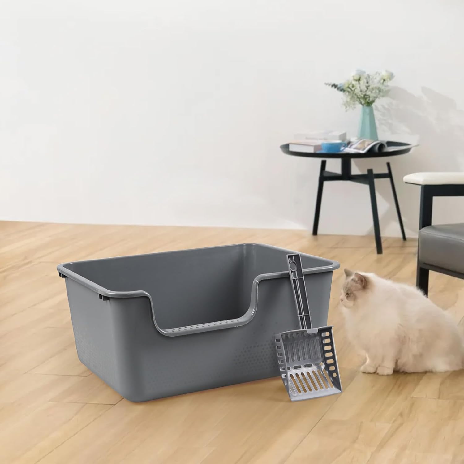 Kekow 4-Pack Anti-Splashing Kitty Litter Box with Scoop, Plastic Open High Sided Cat Litter Box, Gray
